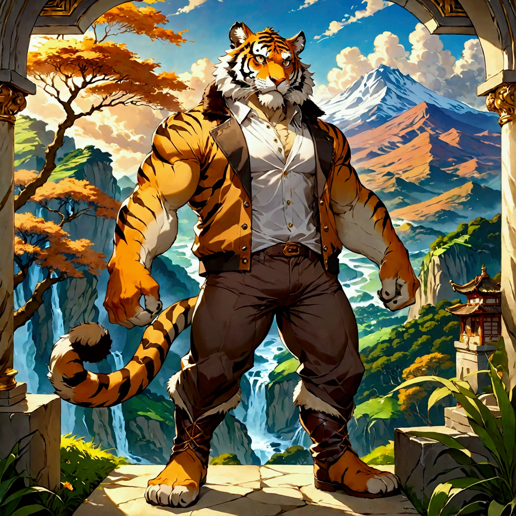 e621 illustration, osukemo, kemohomo, anthropomorphic, furry, cartoon, harmonious body, pastoral face, virtuous eyes, watercolor-like BREAK character focus, full body, looking away, dynamic angle, european fantasy, a musclegut middle-aged tiger man, jacket, shirt, pants, dynamic pose, BREAK complete anatomy, perfect proportions, beautiful thigh gap, fluffy body, intricate fur details, beautiful fur texture, BREAK a detailed tiger 1tail, detailed boots, detailed foot, detailed hands, 5fingers, 5fingers nails, BREAK manly, intense face, insanity detailed face, male face, big face, square jawline, aesthetic anime eyes, detailed brown eyes, detailed brown cornea, detailed dark brown irises, detailed pupils, male eyes, big eyes, male eyebrows, innocent look, beautiful beard, BREAK full body in Michelangelo Buonarroti style, digital illustration anime, housamo style, detailed painting landscape, bedroom, indoor, full color, HDR, BREAK masterpiece, official art, best quality, very aesthetic, absurdres, super fine illustration, great quality, BREAK noise reduction, very highres, large filesize, high quality, 32K, 8k wallpaper, dynamic lighting, BREAK insanity detailed, ultra detailed, intricate details, extremely detailed, detailed texture, an extremely delicate and beautiful, 