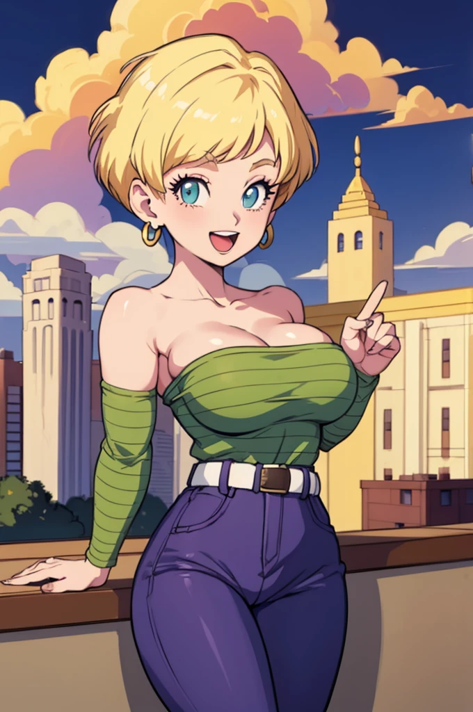 masterpiece, Best Quality, Erased ,  blond hair,  earrings for a woman alone,  green shirt ,  stripes,  strapless,  clevis, White Belt,  purple pants ,  big breasts at the temple,  sitting, cityscape, null, cloud, :d,  watching viewers 