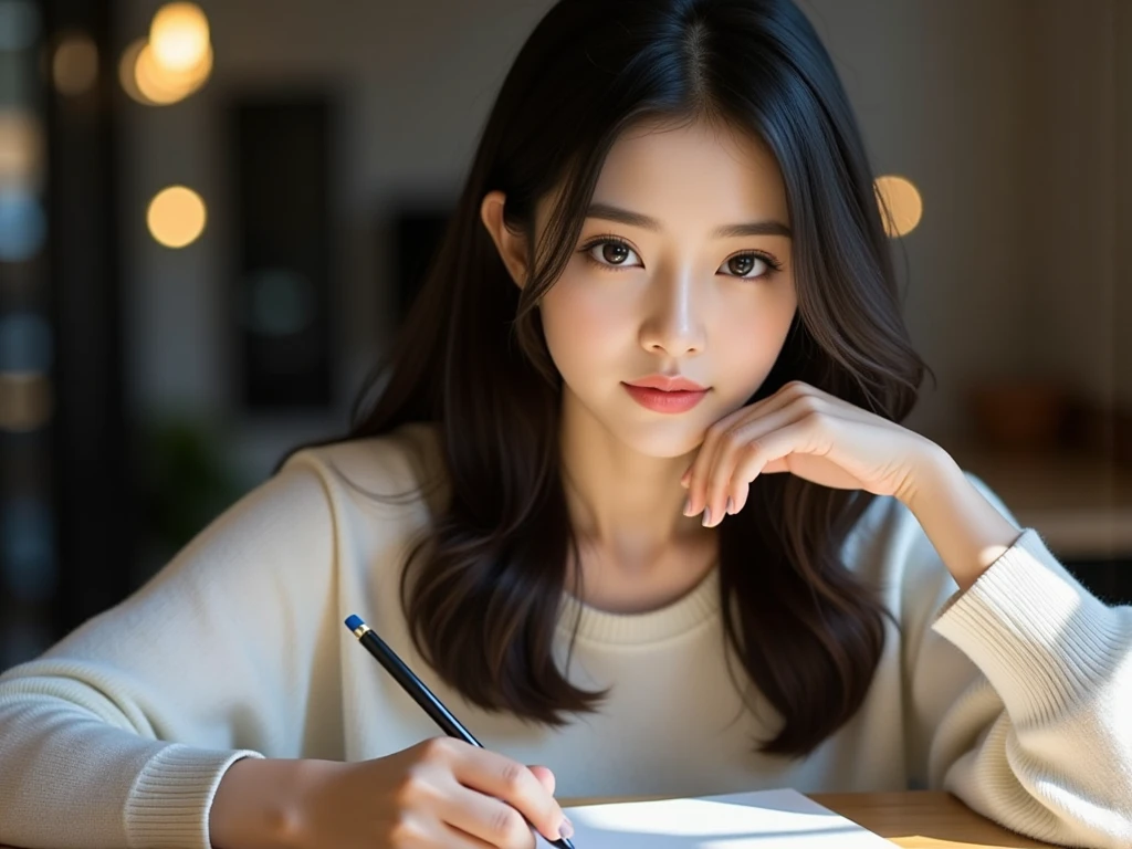 High image quality (8k image quality), high definition, outstanding work, appropriate subject depth, appropriate focus, Leica camera quality, RAW image quality, realistic、A woman studying at her desk、Detailed pupils, detailed lips, perfect hand, perfect finger、Perfect nails, detailed hands, detailed fingers, detailed nails,FLUX,east asian woman,
asian woman