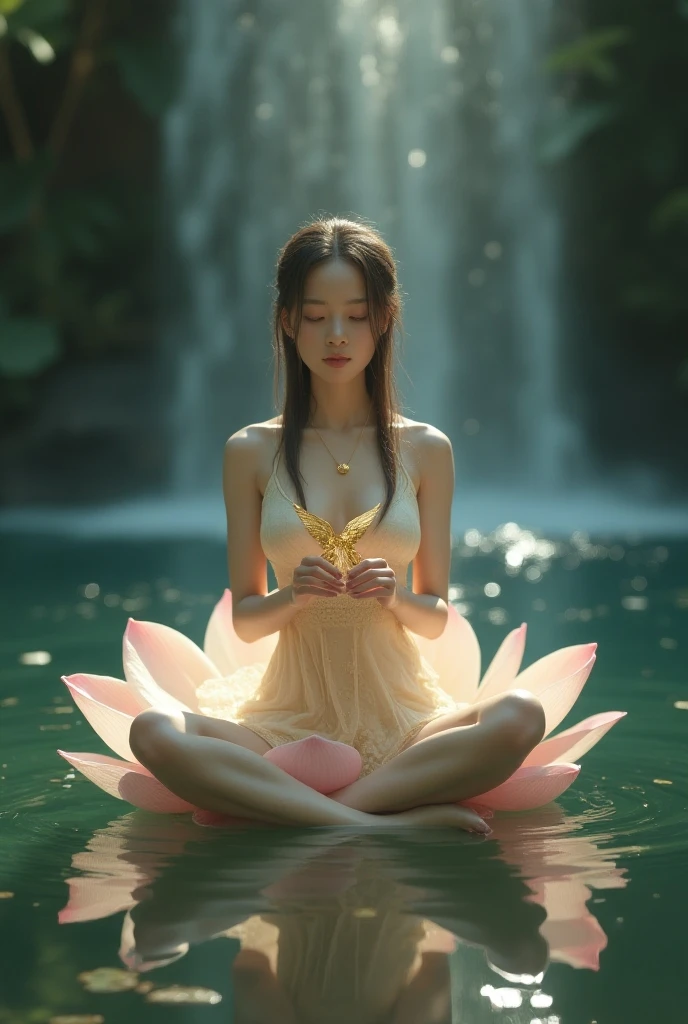 A serene scene of a beautiful Thai-Chinese woman meditating in a lush white floral dress. Adorned with spiritual accessories such as a gemstone necklace, she sits on a cosmic background. Surrounded by large floating planets and delicate and soft light particles. The scent of blooming flowers permeated the air. and gentle water ripples surround the pink lotus in the center. Helps increase the feeling of tranquility.