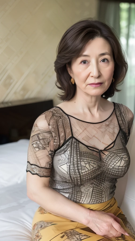 ((japanese mature)), ((55 years old:1.4)), (((sorrowful face:1.2))), ((old woman:1.3)), ((small breasts)), ((flat chests)), skirt-lift, wearing fishnet bodystocking, Japanese style room, 