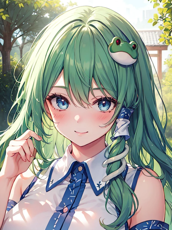 kochiya_sanae_touhou, green_hair, long_hair, hair_ornament, frog_hair_ornament, snake_hair_ornament, hair_tubes, blush, bangs, breasts, smile, green_eyes, blue_eyes
BREAK 
(nose blush), smile
BREAK
Masterpiece, best quality, high resolution, 8K, official art, super resolution, extremely detailed and beautiful, extremely detailed, amazing and detailed, highly detailed beautiful girl, highly detailed face, highly detailed eyes, highly detailed skin, highly detailed fingers, highly detailed nose, very detailed mouth, perfect anatomy
BREAK
shrine, forest in the shrine, extremely detailed CG unity 16k, very fine 16KCG wallpapers