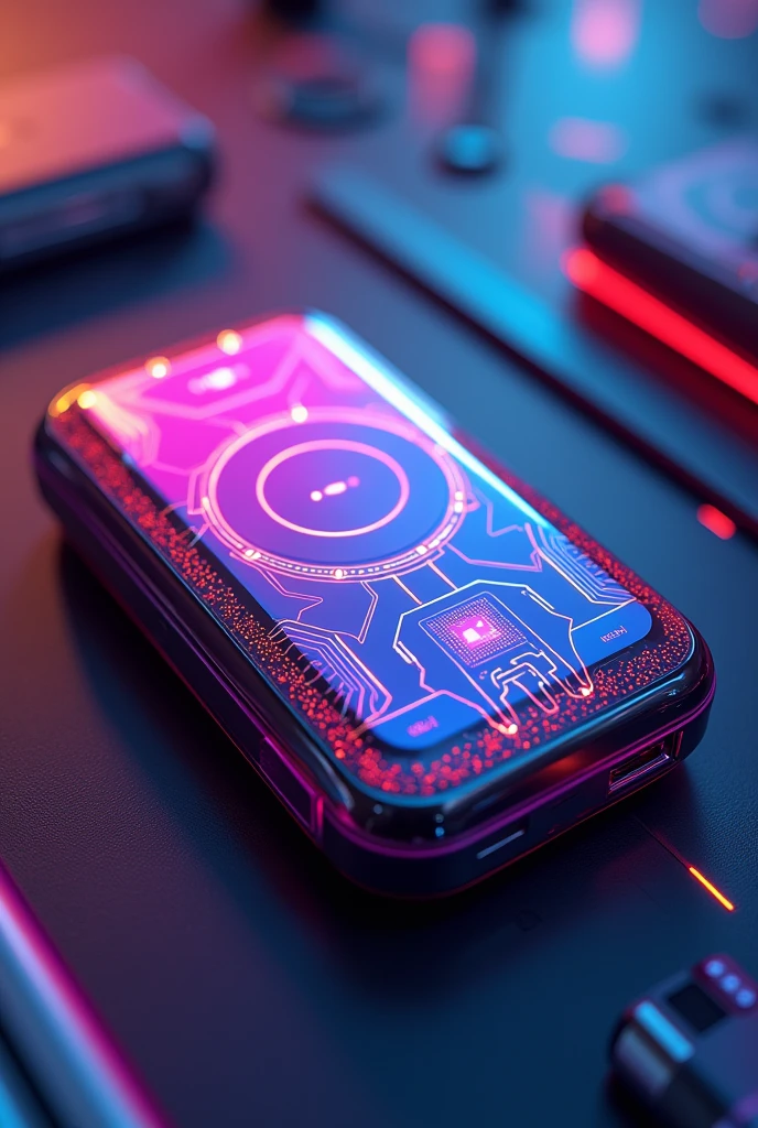 Create a 2D power bank with a blank space in the middle, colorful with technology