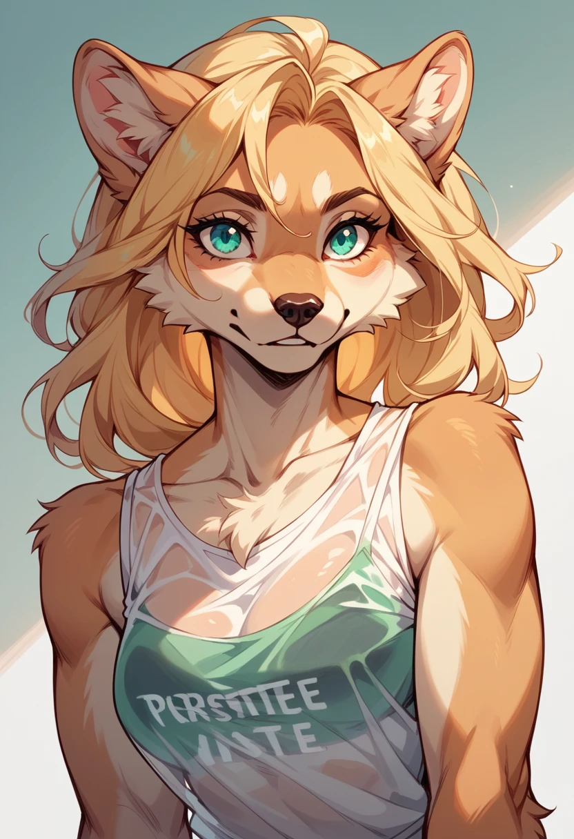 plastic, Graphic tee, see-through shirt, Rolled-up sleeves, nude girl, furry, Tank top, Satin shirt, Blonde hair,  turquoise eyes