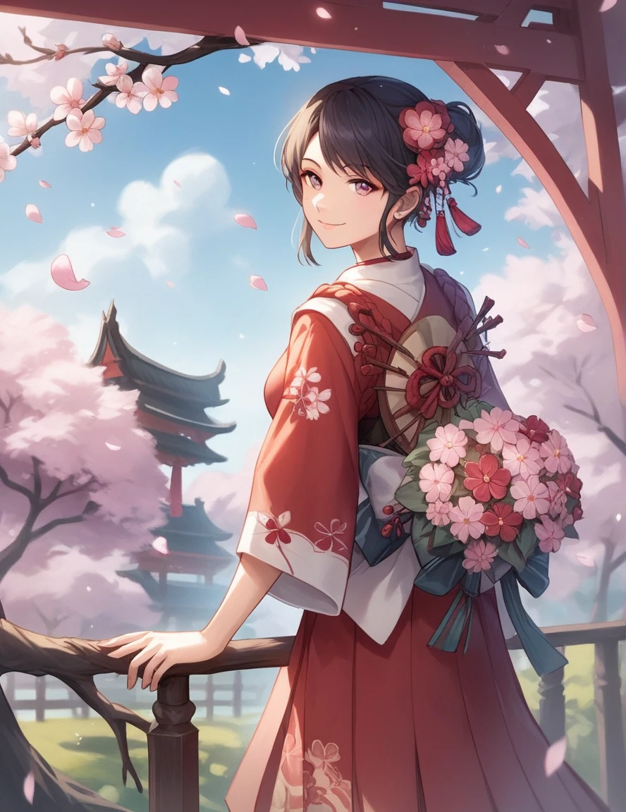 score_9, score_8_up, score_7_up, 
rating_safe,source_anime,
y4ngy4ng, official_costume, bouquet, branch,  spring \(season\), looking at viewer, hands on back, detailed background,
seductive smile,
trees, cherry blossoms,
east asian architecture,
