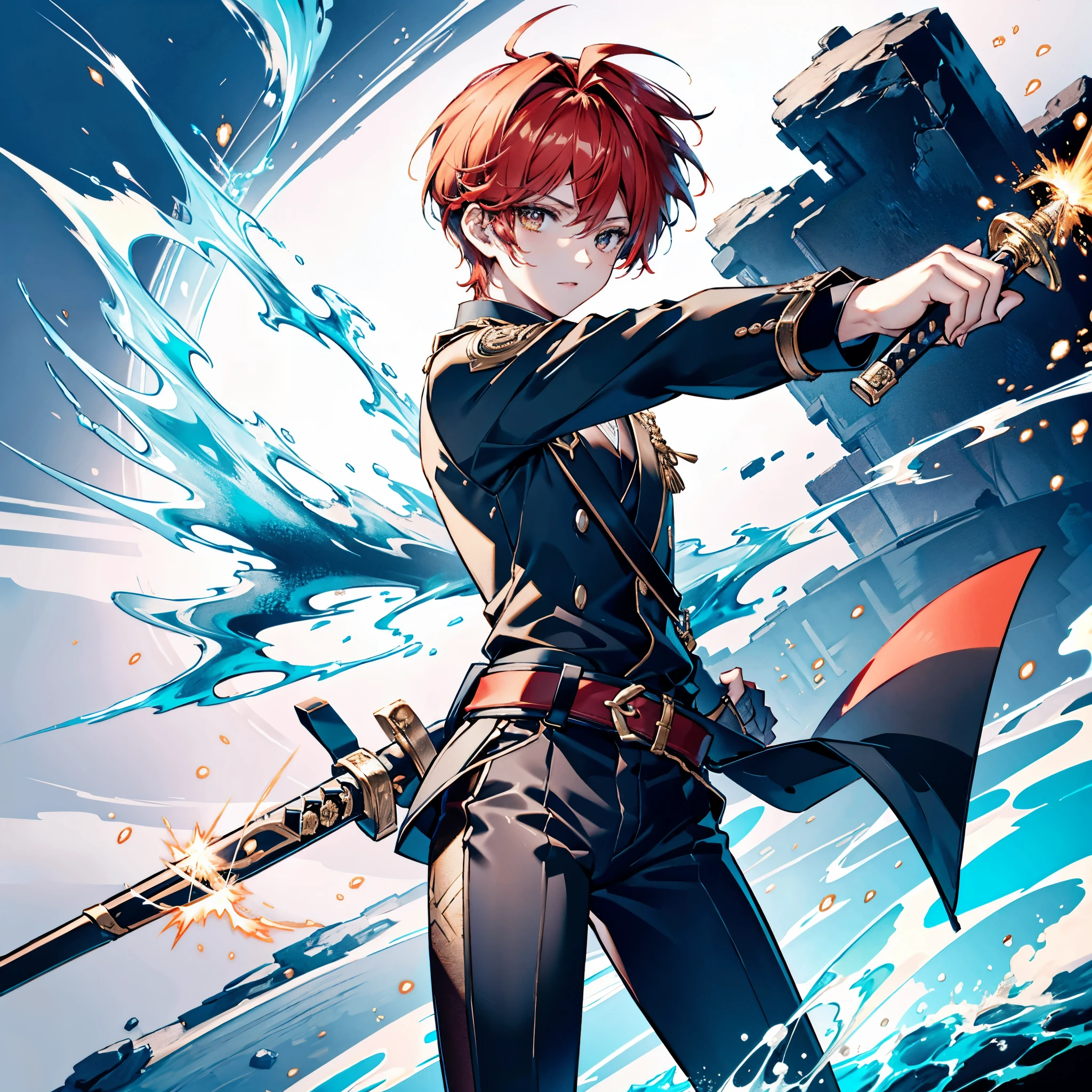  high quality, masterpiece, Delicate hair,  DELICATE EYES FULL OF DECISION, High image quality, male, ハンサムなmale, 鋭い golden eyes ,  neutral face ,  Bright Red Hair ,  golden eyes , Mysterious appearance , Muscular,  wearing a messy black shirt ,  black skinny pants , The sword is being pulled out of the scabbard, sword, Master Swordsman, Cloudy sky background , Detailed anime style illustration, Intense expression, Hidden aura of power, Flames and sparks,  very detailed,  strong shadow , Ash, ice, ink wash painting, ink splashing, color splashing