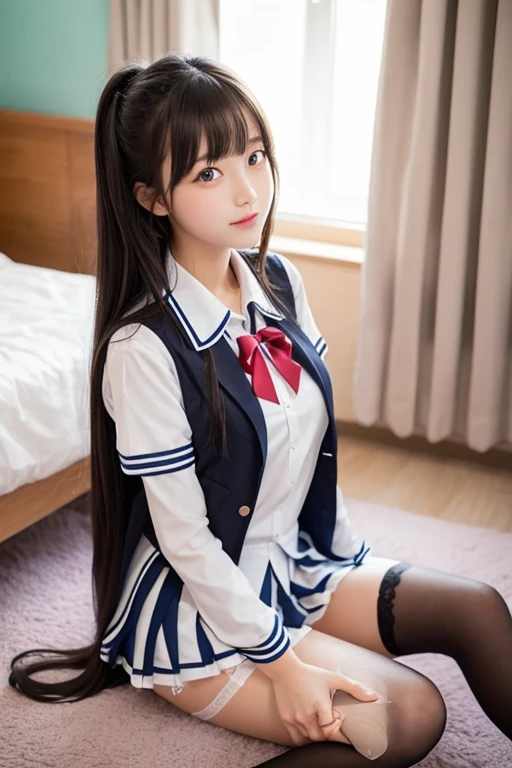 Highest quality、8k、Junior high school girl、Big Breasts、uniform、Black Knee High、Thighs、Sexy pose、Black knee socks、Thighsで挟む