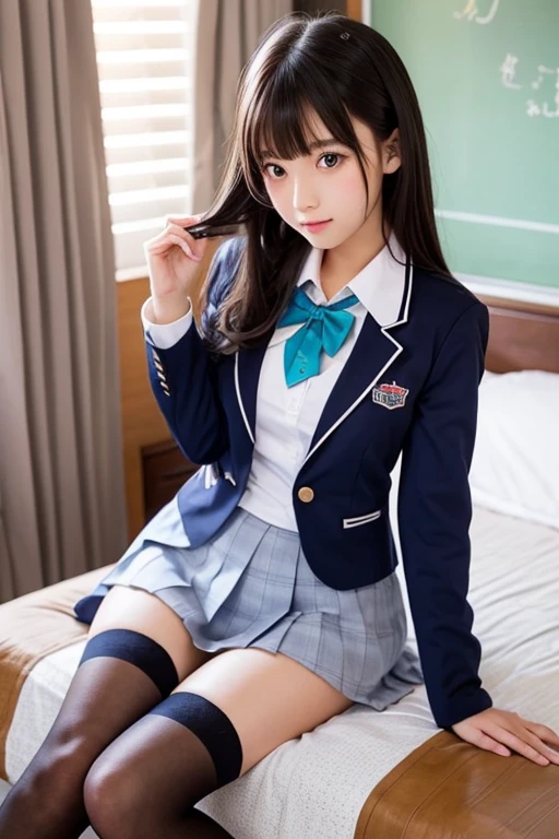 (masterpiece:1.2), super high quality, a japanese girl like a sexy model, (super realistic), (super photographic style), 1girl, (18 years old), (((school uniform))), on a bed, ((legs spread)),