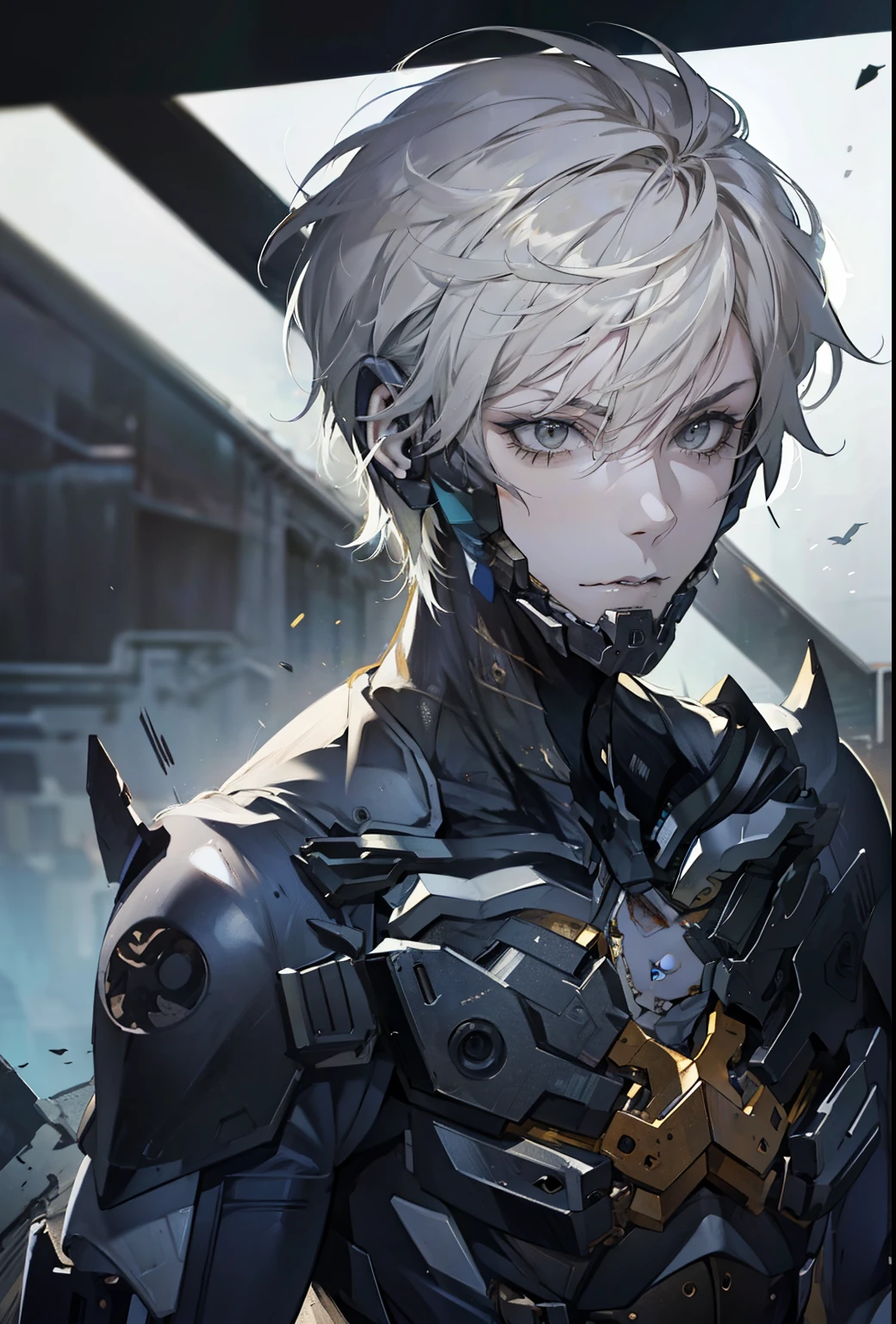 absurdres, highres, ultra detailed, HDR, masterpiece, extremely detailed face and eyes, extremely detailed features, Raiden, Metal gear rising,  white spiky hair, yellow eyes, metal gear rising, final fantasy, solo, sexy man, handsome, cybernetic black armor with sword, combat pose, badass, oppressive dark atmosphere, darkness, magical scene.