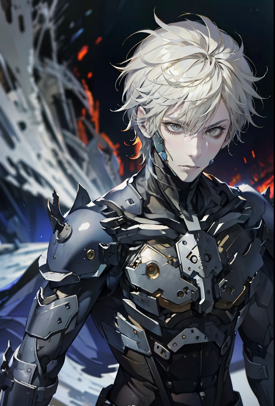 absurdres, highres, ultra detailed, HDR, masterpiece, extremely detailed face and eyes, extremely detailed features, Raiden, Metal gear rising,  white spiky hair, yellow eyes, metal gear rising, final fantasy, solo, sexy man, handsome, cybernetic black armor with sword, combat pose, badass, oppressive dark atmosphere, darkness, magical scene.