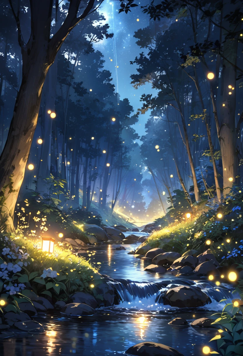 A beautiful stream flowing through the forest at night and the overflowing light of fireflies