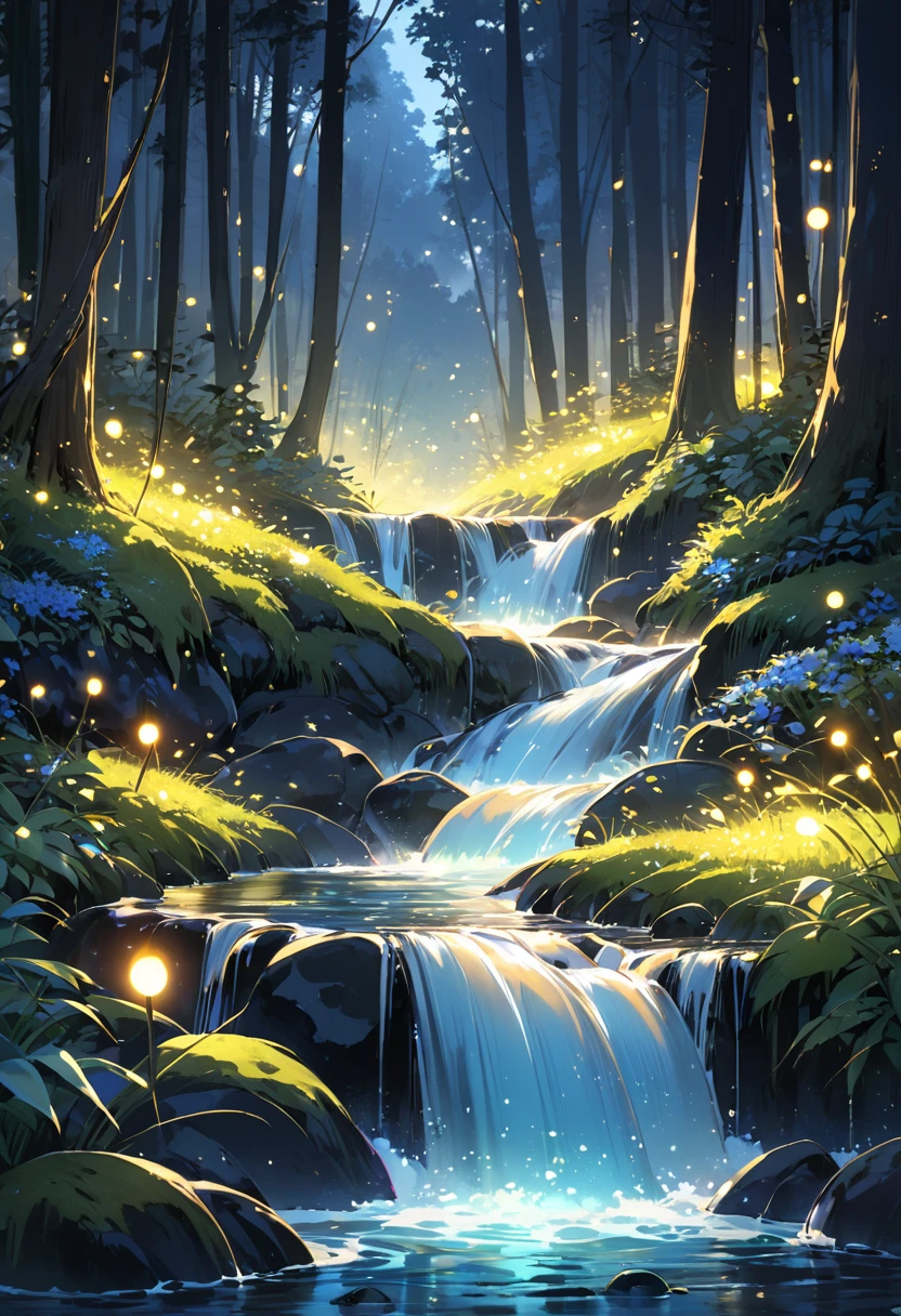 A beautiful stream flowing through the forest at night and the overflowing light of fireflies