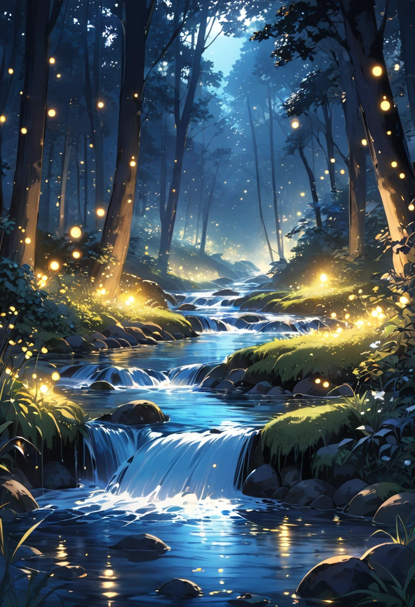 A beautiful stream flowing through the forest at night and the overflowing light of fireflies