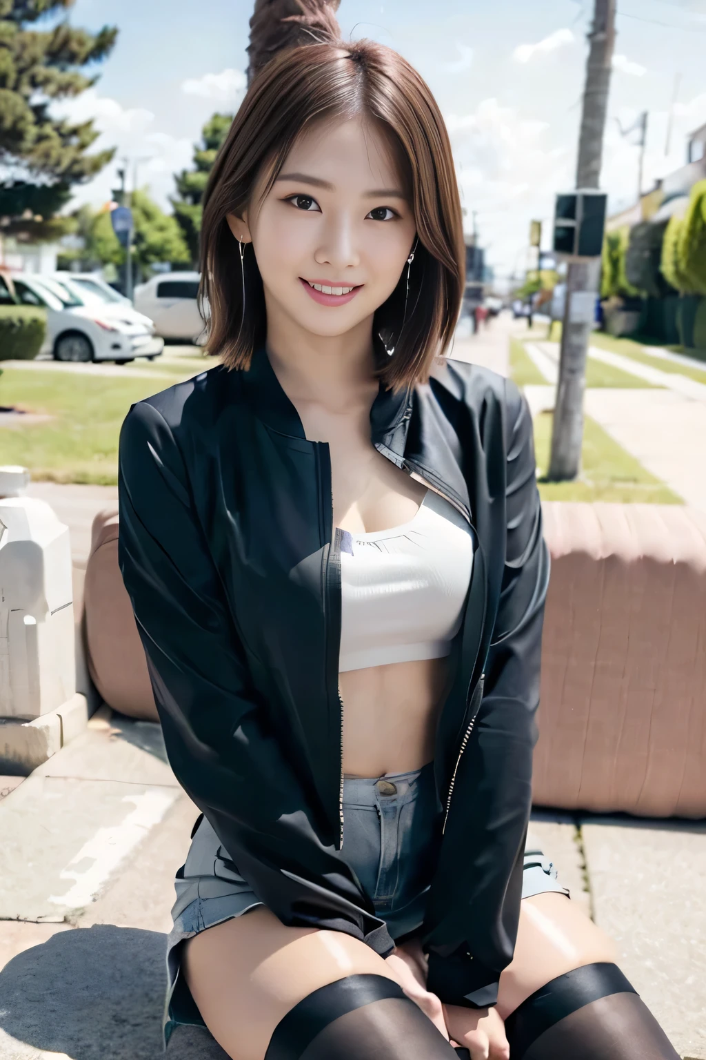 (( Best Quality 、In 8K、masterpiece:1.3))、 Beautiful Japanese Women, Grid Girls、 race queen、 short hair、Outdoor Stage、 embarrassed smile seen from the front、 looking at camera、Make eye contact、Beautiful inner thighs 、Beautiful legs、 sits on a chair 、 Wear a red garter belt 、 wear a miniskirt、 big {x} wearing black stockings 、Belly Piercing、 wearing a jacket 、 Dimples on cheeks