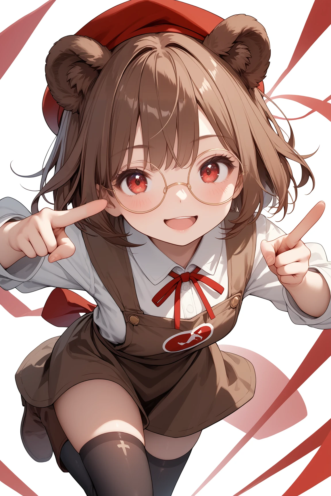 score_9, score_8_up, score_7_up, source_anime, 1girl, solo, brown bear ears, bear girl, brown hair, short bob,animal ear fluff, open mouth, looking at viewer, thighhighs, smile, blush, bangs, red beret, black tights, brown boots, round glasses, skirt, shirt, red ribbon neck, White long-sleeved blouse, brown apron, red eyes, brown skirt, red eyes, colorful, pointing, white background,