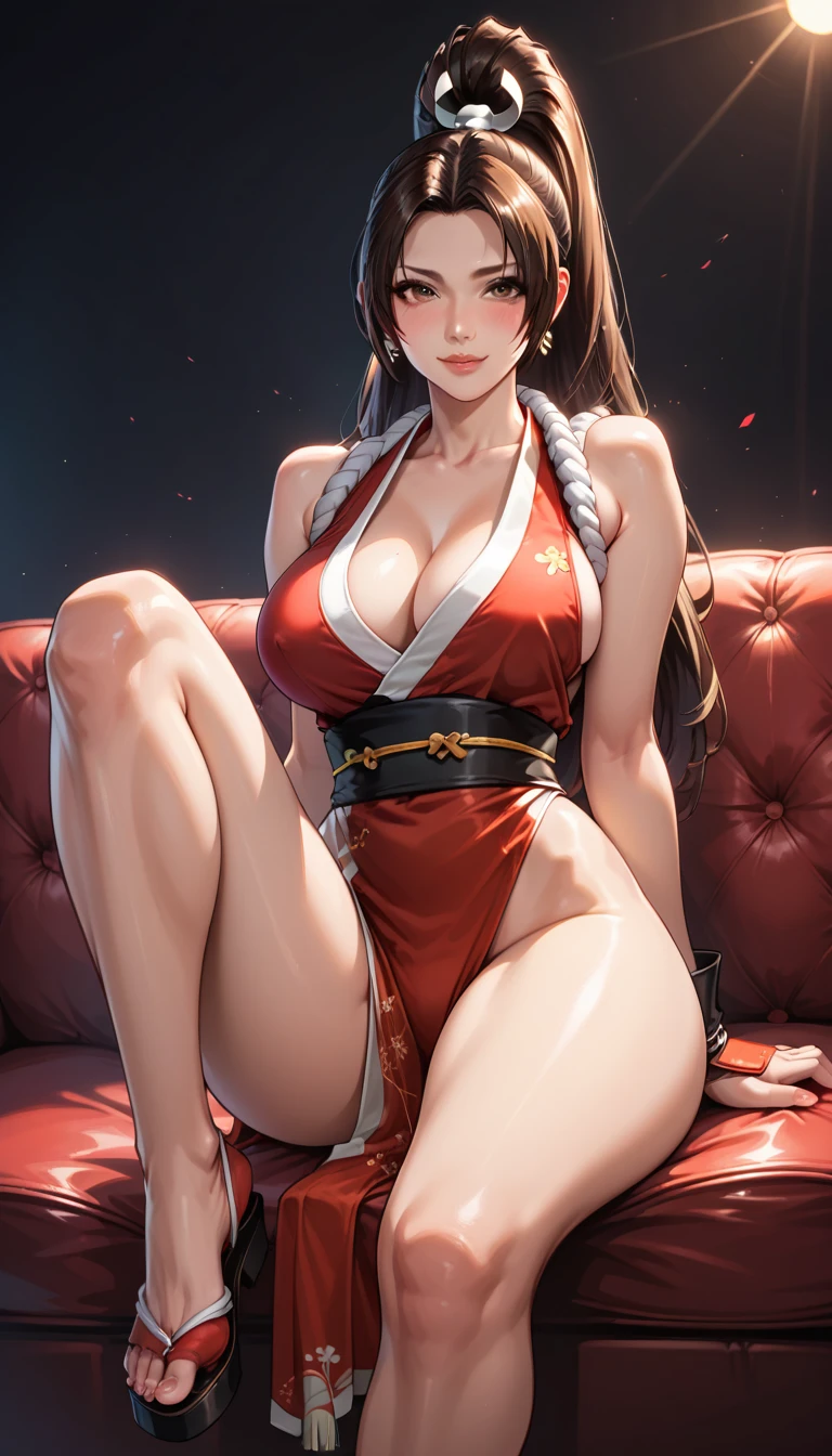 masterpiece,   of the highest quality , 
  realistic photo  ,  Sacimaer  ,   vibrant colors  ,   Light-Dark Lighting  ,     cannabis-themed   ,
1 woman, Mai Shiranui ((King of Fighters)))
 long hair,  brown hair ,   brown eyes, Blush
,   thick thighs  , elegant crossed legs,
  sitting on a couch , 
seductive pose, dark background, low light,   dramatic angle  ,