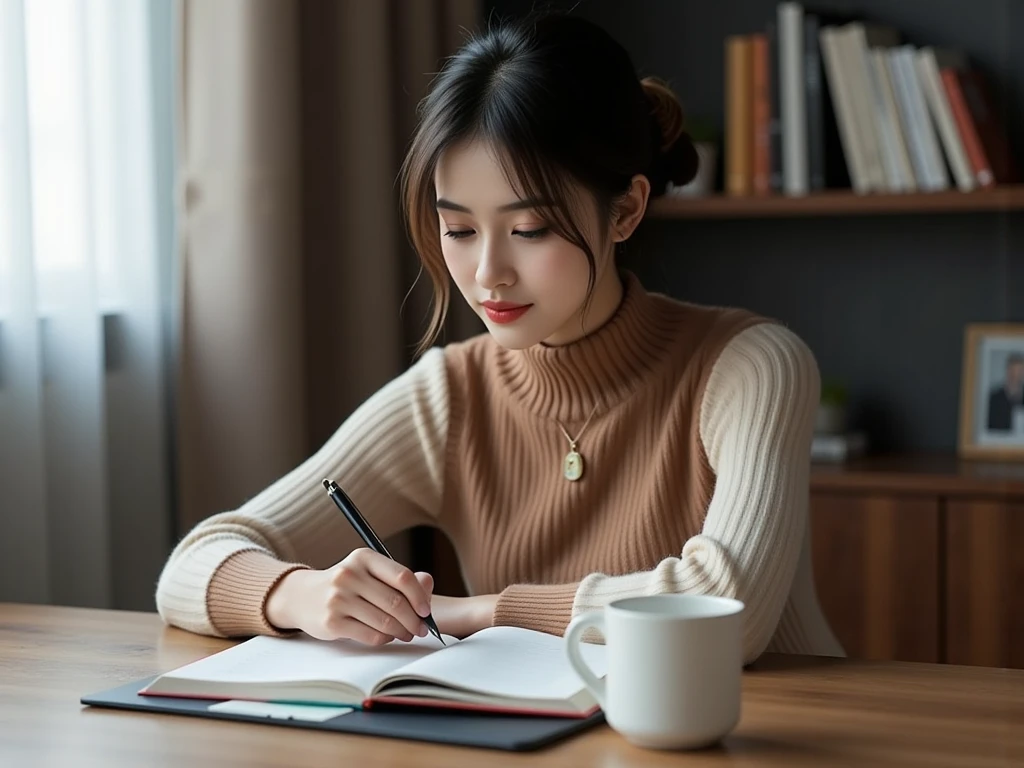 High image quality (8k image quality), high definition, outstanding work, appropriate subject depth, appropriate focus, Leica camera quality, RAW image quality, realistic、A woman studying at her desk、Detailed pupils, detailed lips, perfect hand, perfect finger、Perfect nails, detailed hands, detailed fingers, detailed nails,FLUX,east asian woman,
asian woman