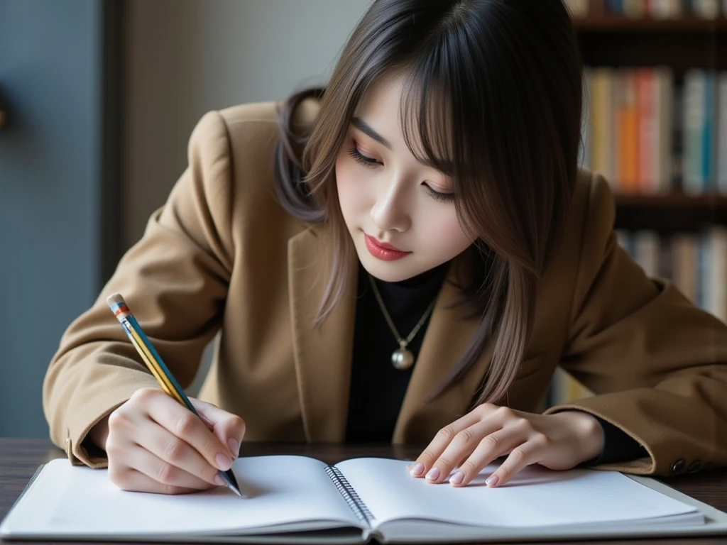 High image quality (8k image quality), high definition, outstanding work, appropriate subject depth, appropriate focus, Leica camera quality, RAW image quality, realistic、A woman studying at her desk、Detailed pupils, detailed lips, perfect hand, perfect finger、Perfect nails, detailed hands, detailed fingers, detailed nails,FLUX,east asian woman,
asian woman