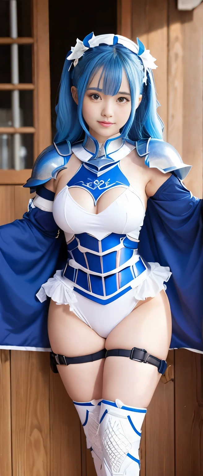  Gorgeous Idol Knight Girl、whole body、　Good style、、Thick legs、、、Swimsuit Armor（ blue and white）、shoulder armor 、foot armor 、A pure girl&#39;s face、、、