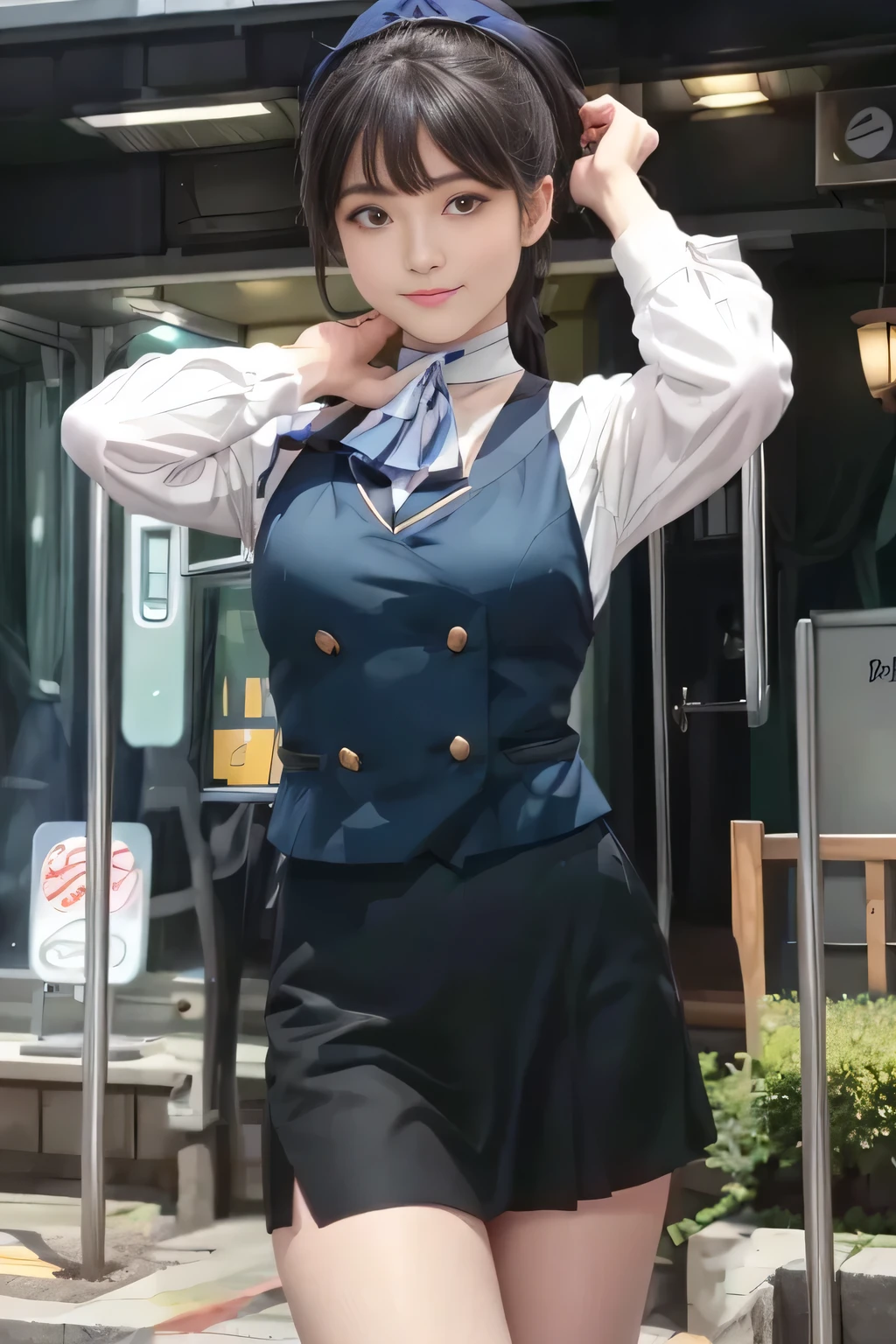 (masterpiece:1.2, Best Quality:1.2), 32kHDR,  kampala, (Alone、  1 girl)、（What is 、 Professional Lighting）、In-flight background、（Nankai Train crew uniformを着たリアルなスタイル）、（（  Nankai Train crew uniform collarless blouse long sleeve 、 Black Curled Culottes Skirt 、Scarf around the neck））、 Dark brown hair 、（ Long Hair、Hair tied up、Hair tied up）、 Dark brown hair 、 Long Hit 、Big Breasts、Thin legs、（（Great hands：2.0）），（（  harmonious body proportions ：1.5）），（（Normal limbs：2.0）），（（Usually refers to：2.0）），（（ DELICATE EYES FULL OF DECISION：2.0）），（（Normal eyes：2.0））)、smile、（Nankai Train crew uniformを着た美しい姿）、Cross your hands underneath