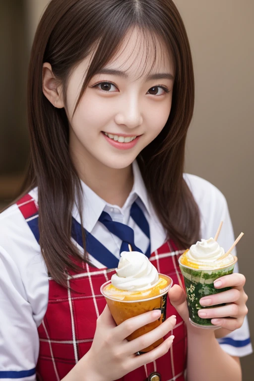 (masterpiece, best quality:1.2), 1girl, woman, 23 years old、 cute、(cuteメイド服を着ている), (pink gingham check maid outfit:1.5)) Idol style、smile、(おしゃれでcute喫茶店内:1.4)、whole body、(He brought me chocolate mint juice on a tray.;1.4)