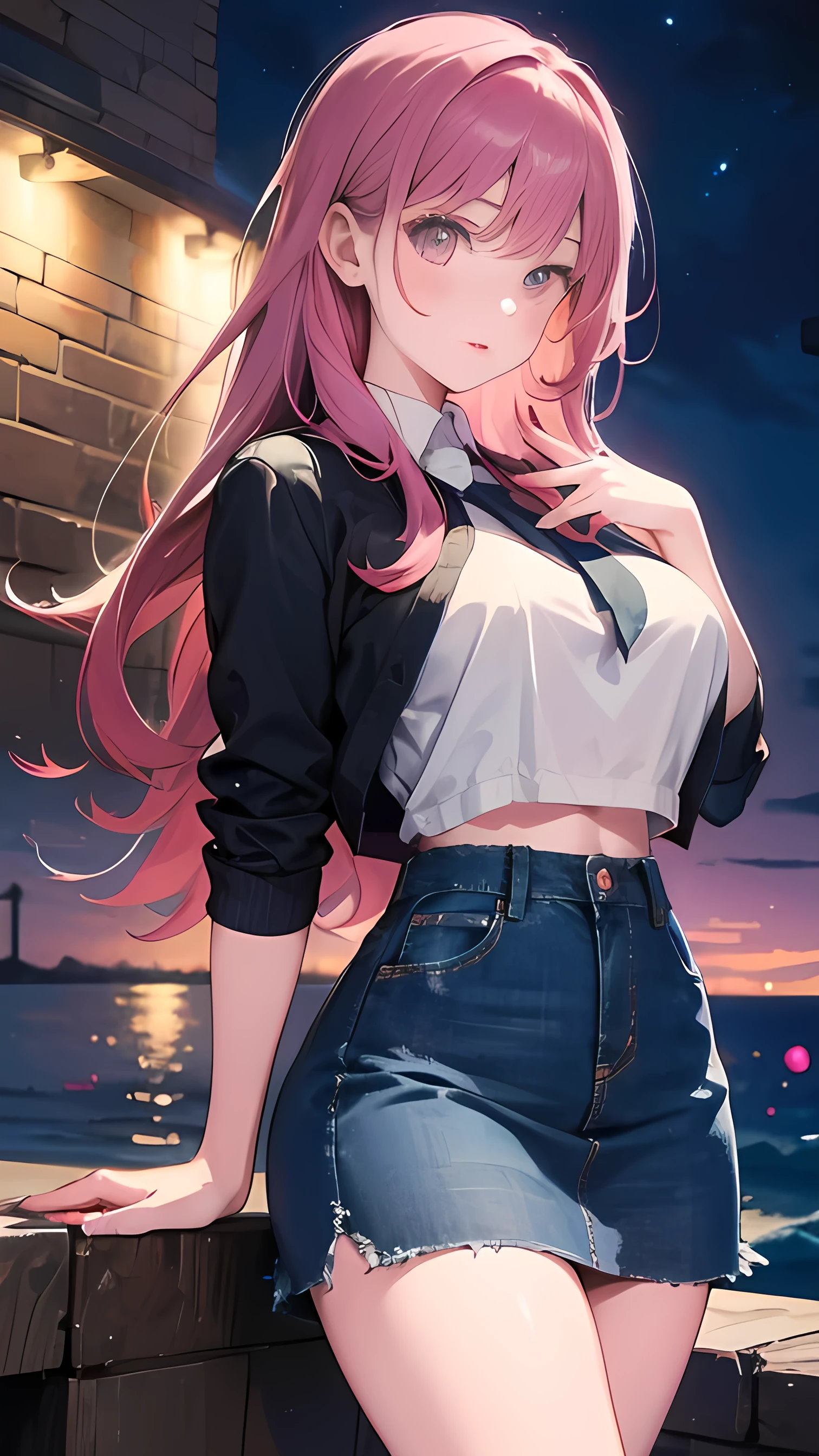 (best quality:1.1), (masterpiece:1.2), high quality shadow, beautiful detailed, (high detailed skin, skin details), (wide_landscape, 8k), beautiful face, detailed eyes, depth of field, dramatic light, best quality, highres, best shadow, best illumination, cowboy shot, looking at viewer, 1girl, long hair, pink hair, ponytail, (messy hair), red eyes, large breasts, scrunchie, hair ornament, head tilt, (smile:0.7), collarbone, black shirt, navel, underboob, (open button shorts:1.2), wind, outdoors, street, building, glowing light, ray tracing, dynamic lighting, beautiful detailed sky, beautiful detailed cloud,