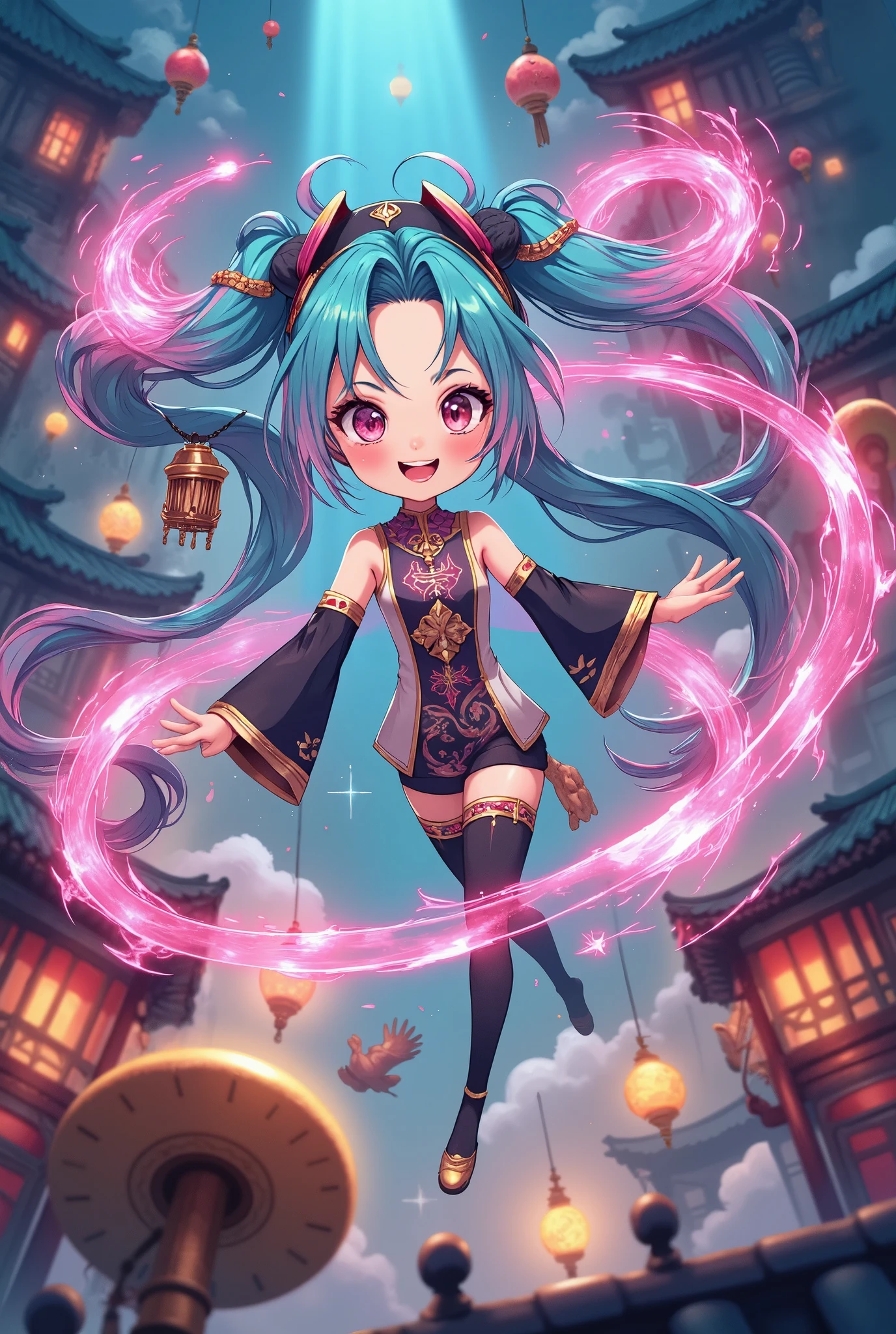 (masterpiece、Best Quality、Best Quality、 official art、Beautiful and beautiful:1.2)、( one girl playing pranks:1.3) Hatsune Miku、 Twin Tails,Beautiful breasts,  girl、 a beautiful young cartoon with long hair and a Chinese costume  ,  has long hair and a Chinese style costume , He soars high above the roof 、 he casts magic spells to ward off evil spirits .,  There are several amulets and magic spells beside him.