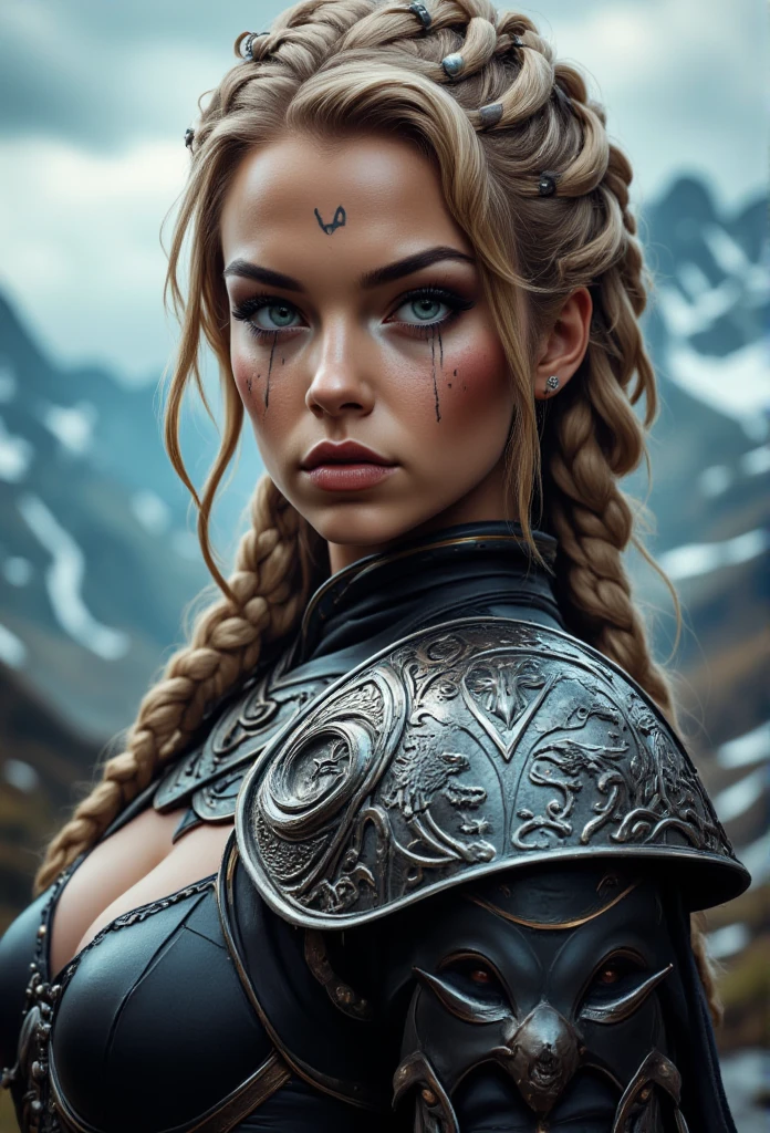 An extremely detailed close-up portrait of a fierce Viking warrior woman standing with her side turned, against a rugged Nordic landscape. She has a strong, intense gaze with striking blue eyes, framed by intricate tribal war paint on her face. Her blonde hair is styled in multiple complex braids with small metal rings and beads woven throughout, adding a rugged, battle-ready look. Her armor is dark leather and metal, heavily adorned with intricate Norse engravings and elaborate patterns. The shoulder plates and forearm guards are more detailed with carvings of wolves, ravens, and intricate knotwork, showcasing Norse mythology. The background features mist-covered mountains and a cloudy sky, enhancing the mystical, fantasy atmosphere. The lighting highlights the realistic depth of the metallic accents and textures on her armor. The overall color palette is earthy and metallic, capturing the cold, raw essence of Viking lore with extreme detail in her armor and hair.