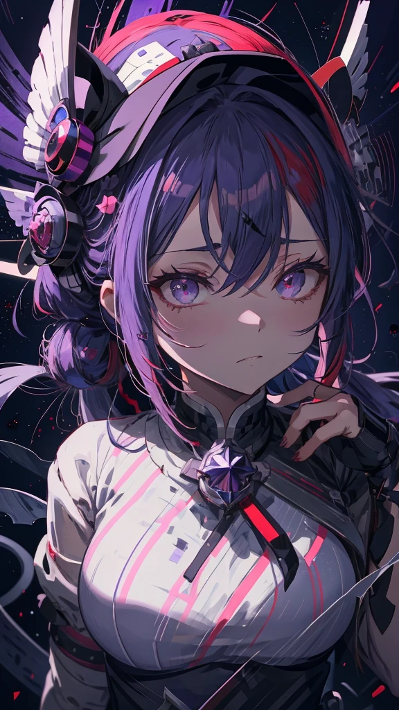 BOY. open forehead. Long dark purple hair braided on the left side. Black horns with white ribbon. pale violet eyes. Long white t-shirt. Dark purple shorts. Dark purple knee socks. Robe with a white hood with an ornament of gold rings. Concrete walls purple light water on the floor