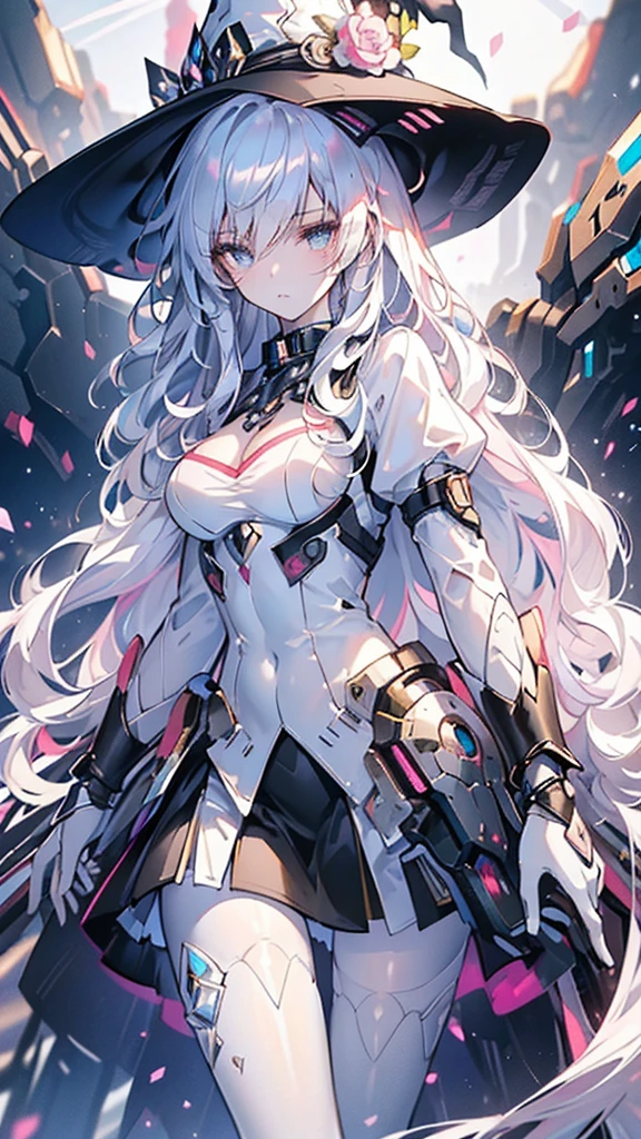 (best quality,4k,8k,highres,masterpiece:1.2),ultra-detailed,HDR,girl:1.1,standing,anime,eyes,sharp focus,military base,uniform,weapon,detailed background,serious expression,cool pose,dynamic lighting,moonlit night,mech in the distance,hairstyle,colorful sunset,sparkling stars,long hair,cloudy sky,cute face,White hair, purple eyes.