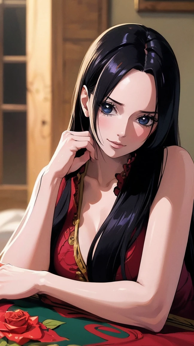 Highest quality, masterpiece, Very detailed,(((One person)), ((Rose)), (vine), cage, bandage, Red rope, (Detail Light), falling Rose petals, Boa Hancock,, (masterpiece:1.5), Detailed Photos, smile,(8k, Realistic, Highest quality: 1.4), (One person), Beautiful Face, (Anime realistic face), (Black Hair, Long Hair: 1.3), Beautiful hairstyle, Realistic eyes, Beautiful details in the eyes, (Realistic Skin), Beautiful Skin, (sweater), Absurd, Charm, 超High resolution, Ultra-realistic, High resolution, Golden Ratio,