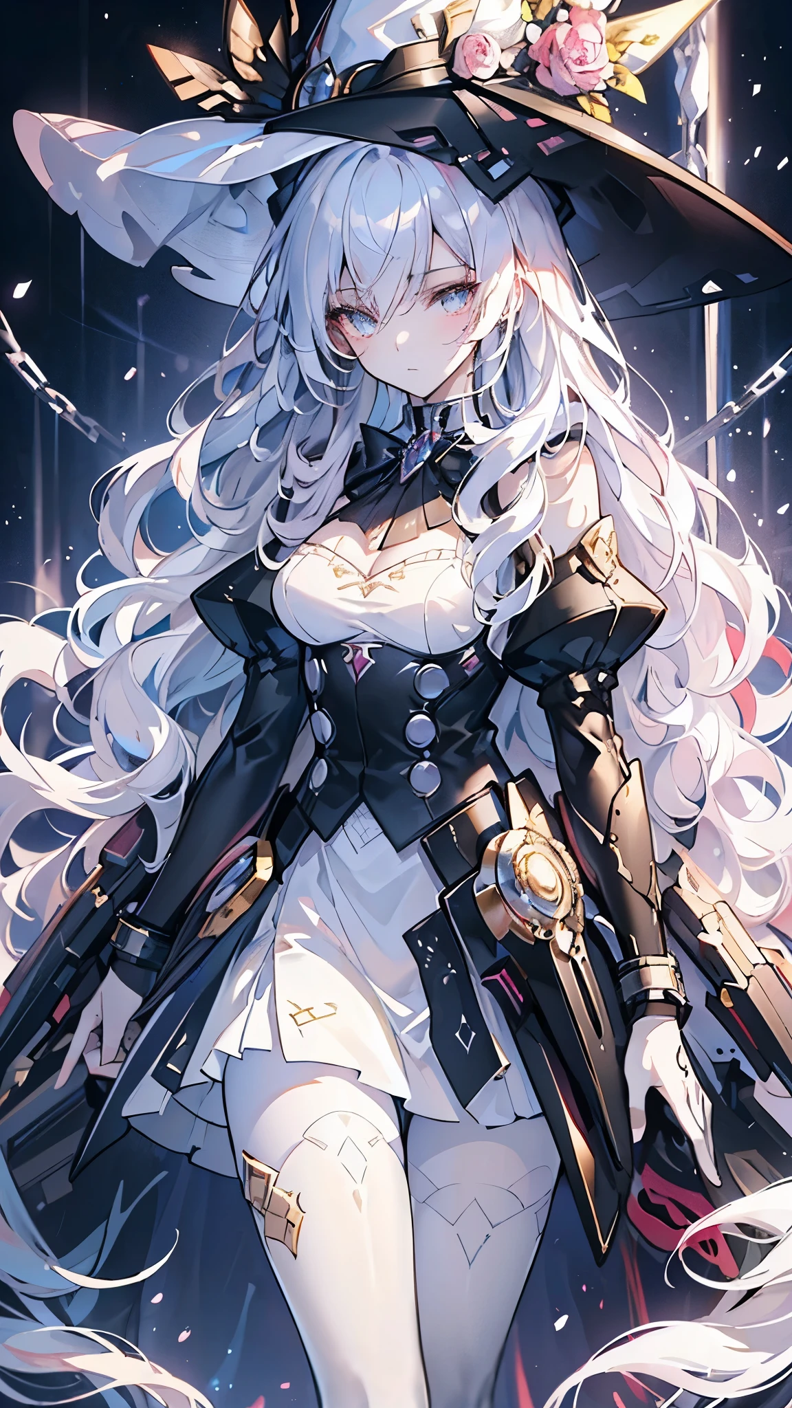 ((masterpiece, best quality)), Detailed face,Magician,Standing picture,whole body,Perfect body proportions,Long legs,((Long wavy hair)), ((Half of her hair is white,The other half is black,Divided into two colors)),beautiful eyes,Fantasy style,White background,extremely beautiful,Witch Hat,transparent,Sex bikini,chain,Lace,Pantyhose,exposed