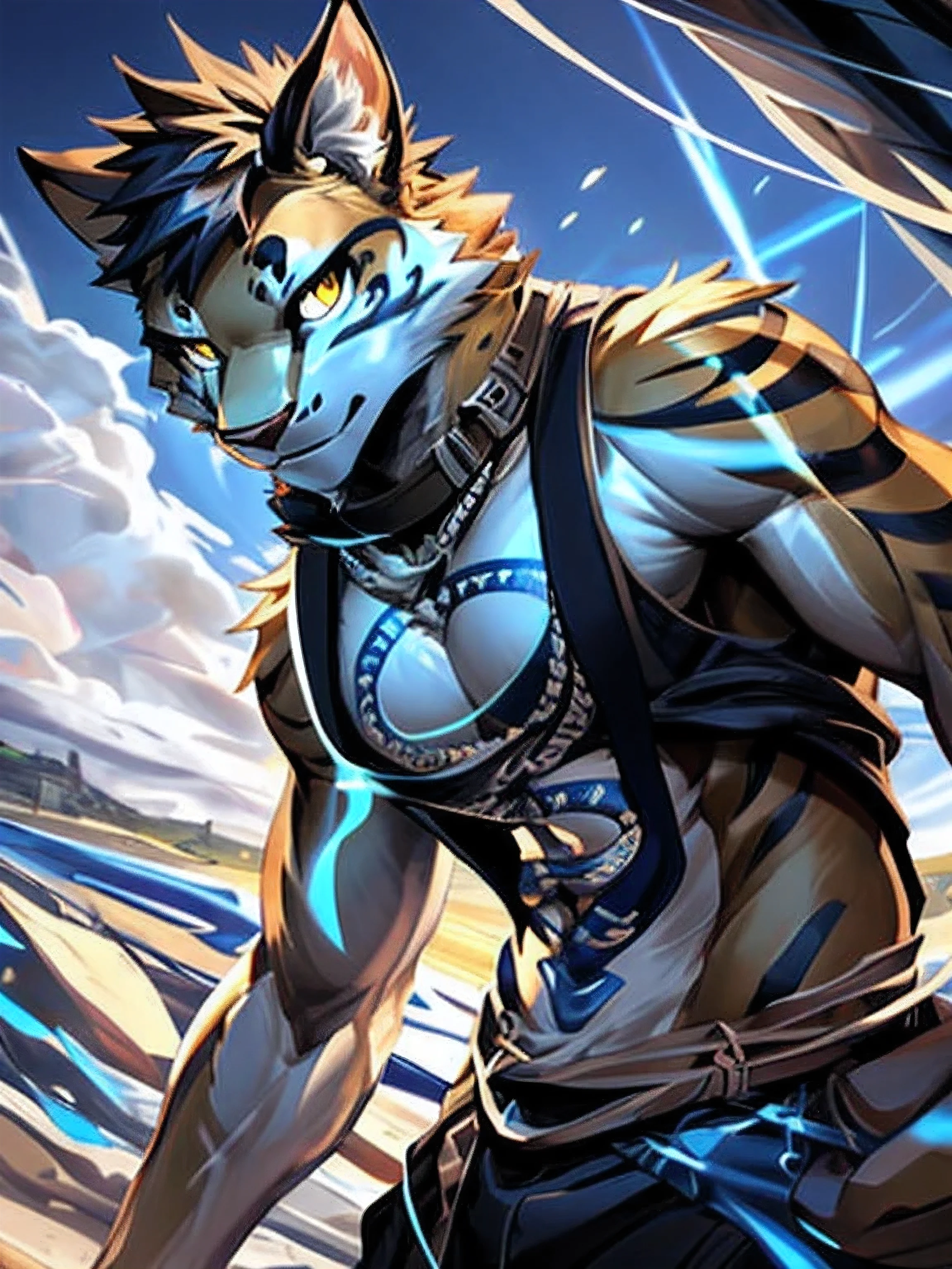 4k, ,8K, A high resolution, best quality, perfect colors, perfect shadows, perfect lighting, posted on e621, (by Chunie, by canyne khai, by t.y.starale), male, furry,  anthro, Likulau (Nekojishi), solo, yellow eyes, (Realistic eye details 1.2), beach, wearing tank top, wearing jogger sweatpants, Full body like, Slim body, abs, dramatic lighting, soft lighting, day, highly detail, Hair coiled, delight, Standing up position, cool pose charm, Abstract beauty, centre, Looking at the camera, Facing the camera, nearing perfection, Dynamic, highly detailed, illustration, (Realistic background), ((Bonifasko lighting)), (Detailed eyes), perfect pupils, detail eyes, detail fluffy fur, (seductive face:1.2), fit body, Looking at the camera,, fit body, perfect male figure, Detailed fur, Detailed face, Perfect face, Detailed background, (Complex), (Super Detail), (Ultra Clear), (Best Quality)