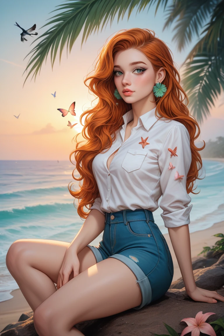 Create an ultra-high resolution image with photorealistic details, 8K quality, sharp focus, and impeccable lighting. Utilize advanced rendering techniques, ray tracing, and global illumination for maximum realism. Depict a beautiful woman with petite, natural, soft curves, graceful, rounded hips, and small, gentle breasts. She has very long, flowing ginger hair that complements her pale skin with a cool undertone. Her features include striking emerald eyes, warm terracotta lips, earthy taupe eyeshadow, and a touch of muted peach blush. She gazes with a curious yet cautious expression, reflecting her thoughtful and introspective nature. A light-colored Anemone flower is tucked in her hair, and she wears small emerald earrings.

She’s dressed in a loose, white button-down shirt that appears torn and weathered, paired with khaki shorts that share the same rugged texture. She’s barefoot, sitting cross-legged with one hand resting gently on her knee.

The setting is a deserted tropical island, framed by tall palm trees and a peaceful, foggy beach at dusk. Birds fly across the dimming sky, butterflies flutter in the background, and shells and starfish are scattered on the sand. Soft, warm sunset light creates a romantic ambiance, with subtle reflections off the water and a foggy background that adds depth. Diffused light highlights her gentle, feminine curves, capturing her allure in a natural and unassuming way. Camera focus on her upper body, with a 35mm lens, bokeh effect, and Depth of Field.