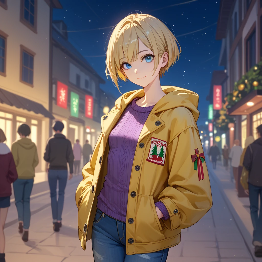 １A woman in her 30s、 very short cut hair 、 Christmas、night、Port cities in Italy、 blue eyes、Blonde、closed-mouth smile、( small breasts)、 Slim Body 、 yellow hooded half coat、 loose purple knit sweater、no damage jeans