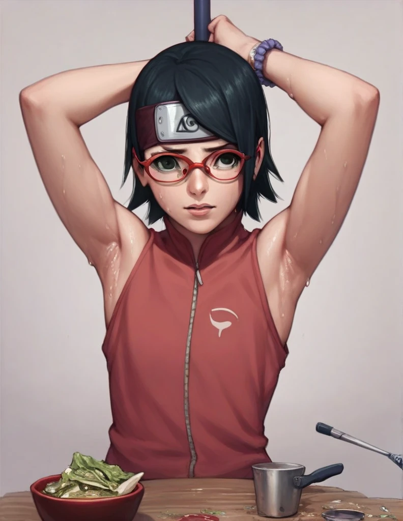 anime,sauce_Anime,saradauchiha,  salad Uchiha,  short hair,  Black Hair ,(Black Eye 1.2), Glasses, Glasses,  Sweep Bang,Armpit,脇の皺,Armpit sweat