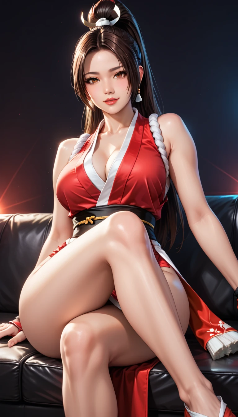 masterpiece,   of the highest quality , 
  realistic photo  ,  Sacimaer  ,   vibrant colors  ,   Light-Dark Lighting  ,     cannabis-themed   ,
1 woman, Mai Shiranui ((King of Fighters)))
 long hair,  brown hair ,  half-closed brown eyes  (half-closed eyes), Blush
,   thick thighs  , elegant crossed legs,
  sitting on a couch , 
seductive pose, dark background, low light,   dramatic angle  ,