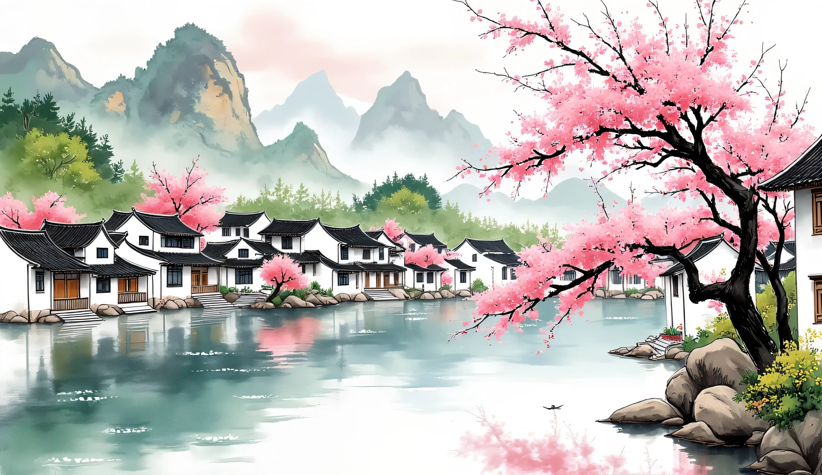 (2girls), Landscape Painting Composition, Foreground and Background Layers, Symmetry and Balance, Layering, Soft Pink and Green Tones, Warm and Cool Tones, Watercolor Wash, Black-and-White Roofs, Natural Lighting, Highlights, Soft Shadows, Parallel Perspective, Diminishing Scale in Background, Natural Scaling, Chinese Landscape Painting, Ink Wash Painting, Combination of Gongbi and Xieyi, Peach Blossom Tree, Traditional Chinese Architecture, Green Mountains, Reflections in Water, Mountains and Rivers, Blooming Peach Blossoms, Serene Village, Clear Water Surface, Spring Atmosphere, Green Mountains and White Clouds, Flora and Fauna, Ink-style Landscape, Serene and Harmonious, Beauty of Nature, Vibrancy of Spring,1smgf1