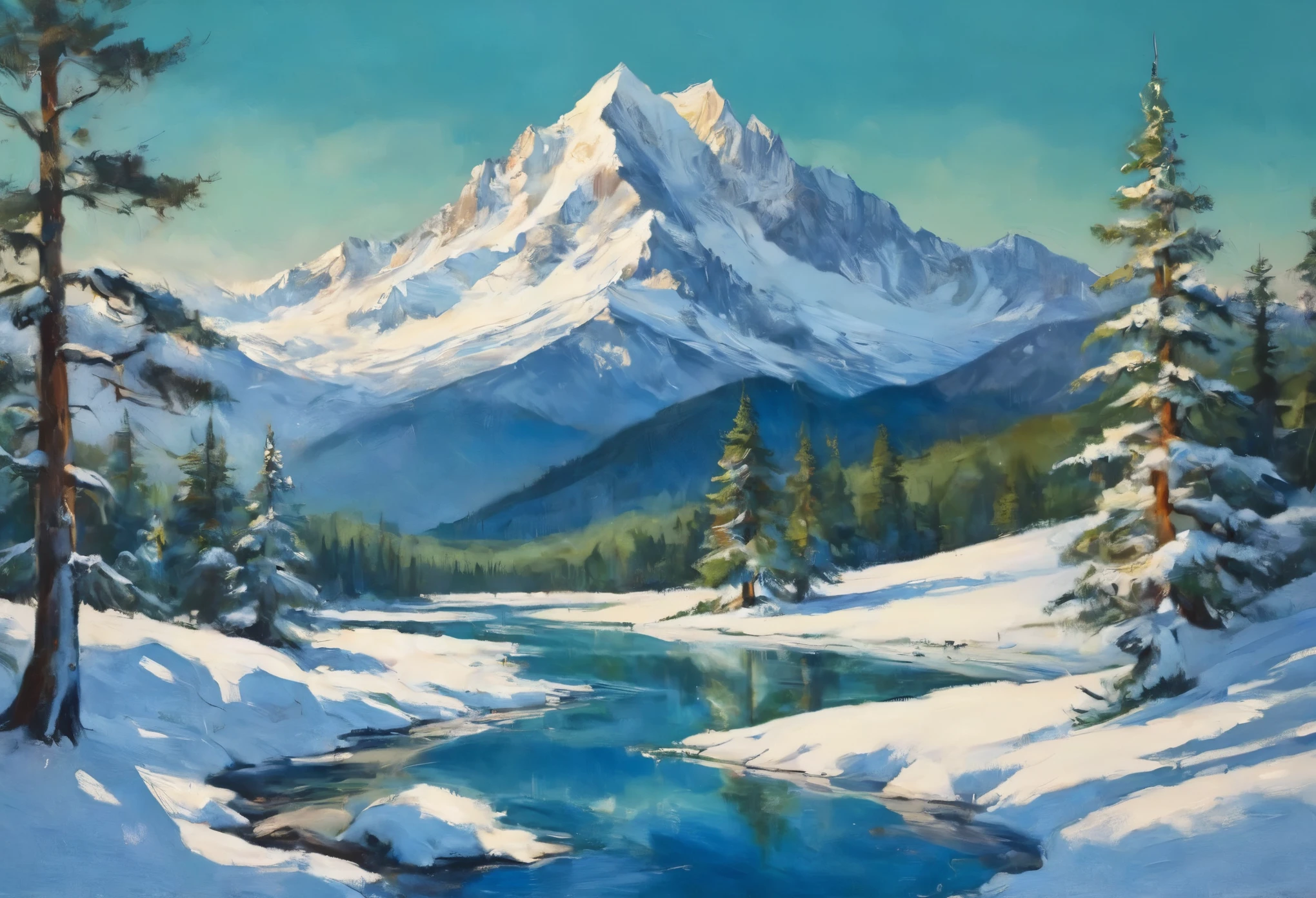 A painting of the sun and the snow mountain in the daytime with snowed pine tress, with beautiful shadows and reflections. The scene is bright and serene, with a warm and cool color contrast, The grass and trees are white，Covered in silver highly detailed in, undefined,. Include vibrant pastel colors, sleek lines, and a retro summer atmosphere. The style should be reminiscent of vintage travel posters with a modern twist, mphasize the fluidity and movement of the dream world through dynamic brushstrokes and abstract forms