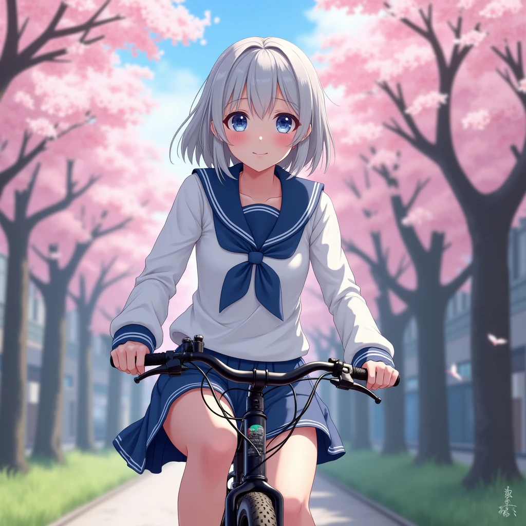 18-year-old female。 the most beautiful in the world。I'm riding an off-road bicycle。。Northern European features。Bewitching Smile。With a delicate figure、 flat chest。Shining silver hair 。The bangs are neatly trimmed。 bob cut to shoulder length。 eyes are large almond-shaped and 、Blue Eyes。Wear Japanese student sailor uniforms 、 micro  in a corner of the city 、 colors white and dark royal blue。Location、Cherry blossom trees in full bloom。