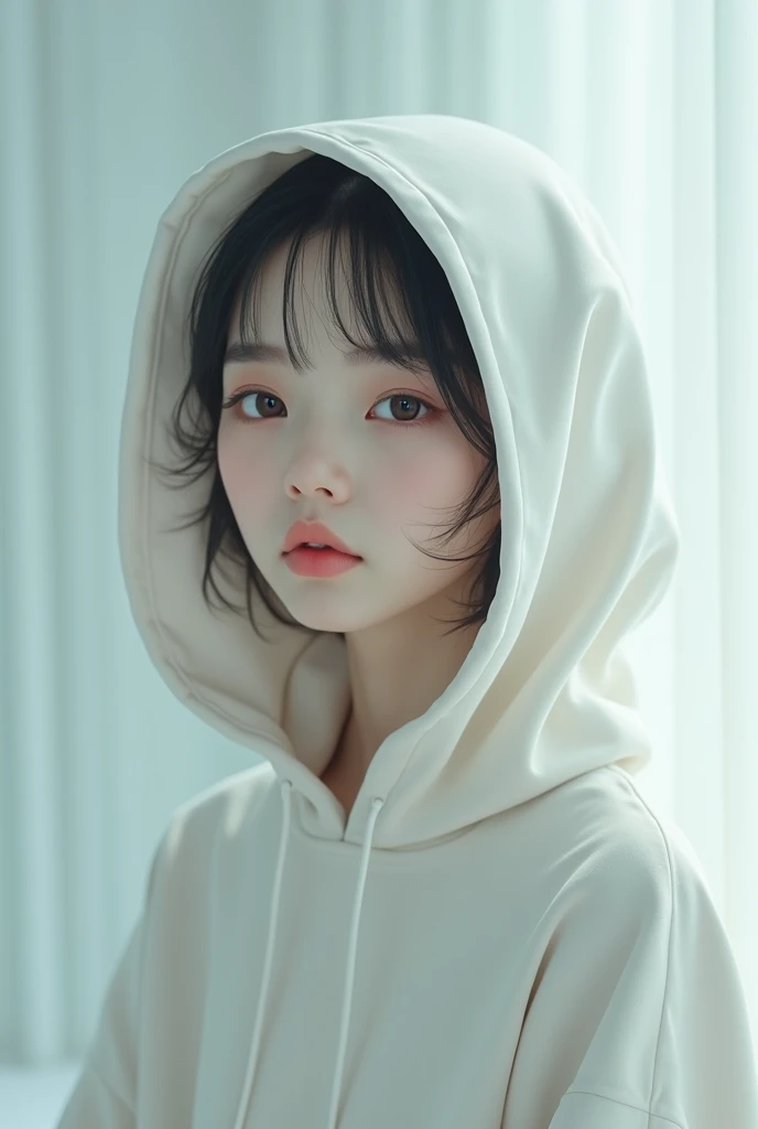  I'm wearing a white hoodie that emphasizes a soft aesthetic , pale,  An angelic appearance that gently envelops ,  As an ethereal woman with skin ,  Created by a .  The hood covers her face and complements the bright tones of her hair and skin {x} Her expressive eyes are full of purity and wonder,  adds purity and gentleness .  She wears large clothes ,  Her expression is calm and serene I have a slight melancholy ,  It depicts a portrait of a young Asian woman in great detail .  Sasan .  Her expression is calm and serene ,  evokes quietness , Introverted atmosphere ,  As an ethereal woman with skin .  The background is minimal and uses soft lighting ,  The cool tones add a calm and serene atmosphere ,  Her delicate face and gentle gaze stand out . 