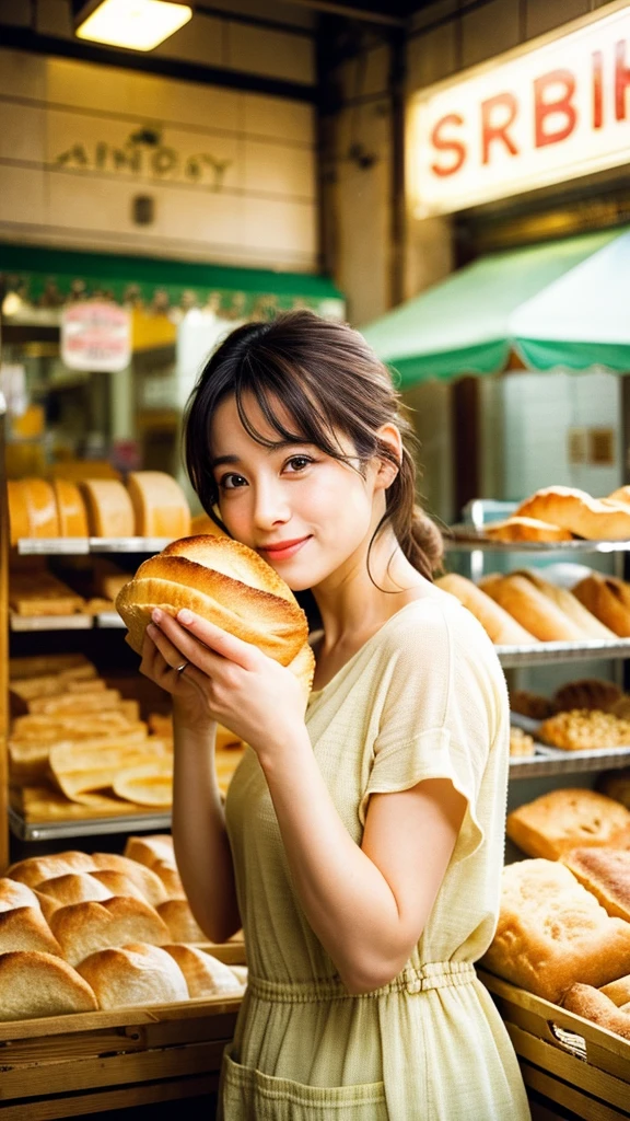 highest quality, masterpiece, Ultra-high resolution, (Realistic:1.4), RAW Photos, One girl, Most popular Japanese idols, (At the bakery, Looking happily at the many pieces of bread, At the bakery楽しい時間を過ごす), Mr.々Details of different types of bread, Tight clothing, A very cute smile like the most famous Japanese idol, Perfect Proportions, Very cute face like the most famous Japanese idol, ((Very beautiful big black eyes)), Very beautiful short black hair, Detailed bakery