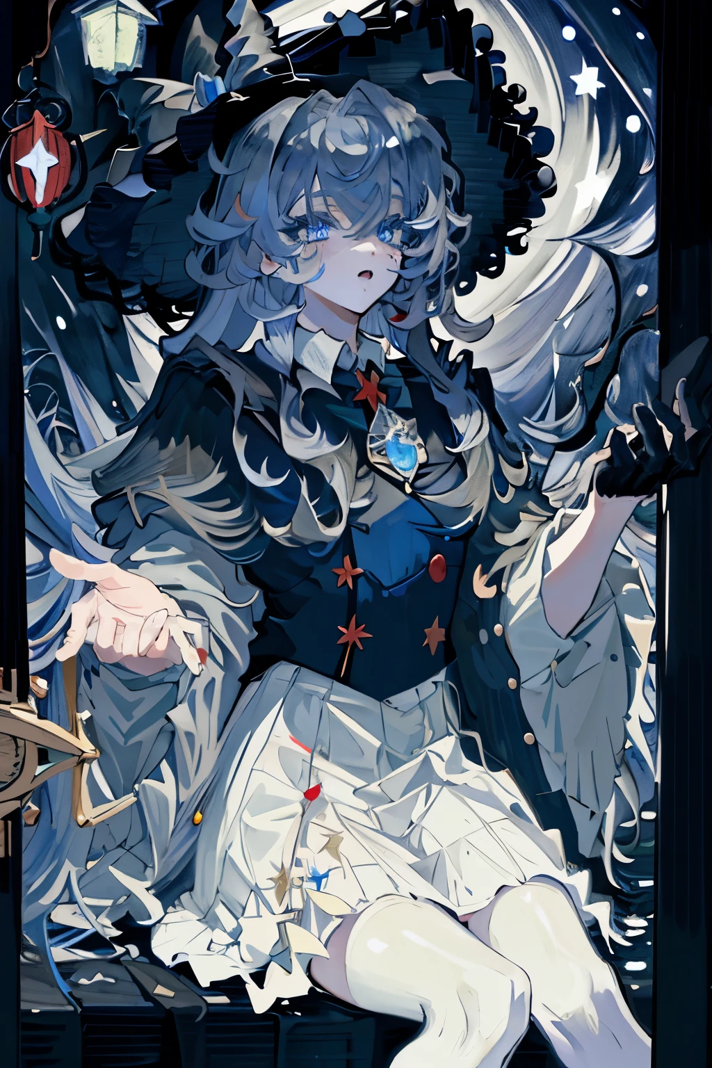 ((masterpiece:1.2, is the best quality)), 1 Girl, alone, (Witch Hat), blond, Long hair, skirt, aurora, night, Star (Sky), Gloves, Sky, white skirt, night Sky, Open your mouth, Starry Sky, blue eyes, ribbon, very Long hair, red skirt, Smile, Hairband, cape, blue hair, (bird), magic, Spell casting spells , dark clouds, night, (Impressionism:1.4), (Tarot:1.3), Alphonse Mouchard ,