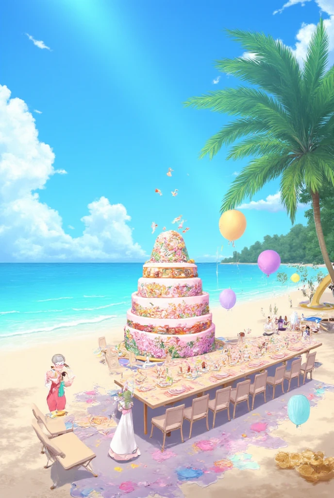 Pure environment ，No trees， anime style，Stereoluminized ，On the beach，Sunny， has a very long table ，There is an oversized cake on the sea-facing table，The words on the cake are ： Lori says Happy 100 days， There are lots of snacks and champagne drinks on the table，There is a bench on the side ，A puppet cat lies on a bench ，There are lounge chairs，There are also balloons and ribbons ，