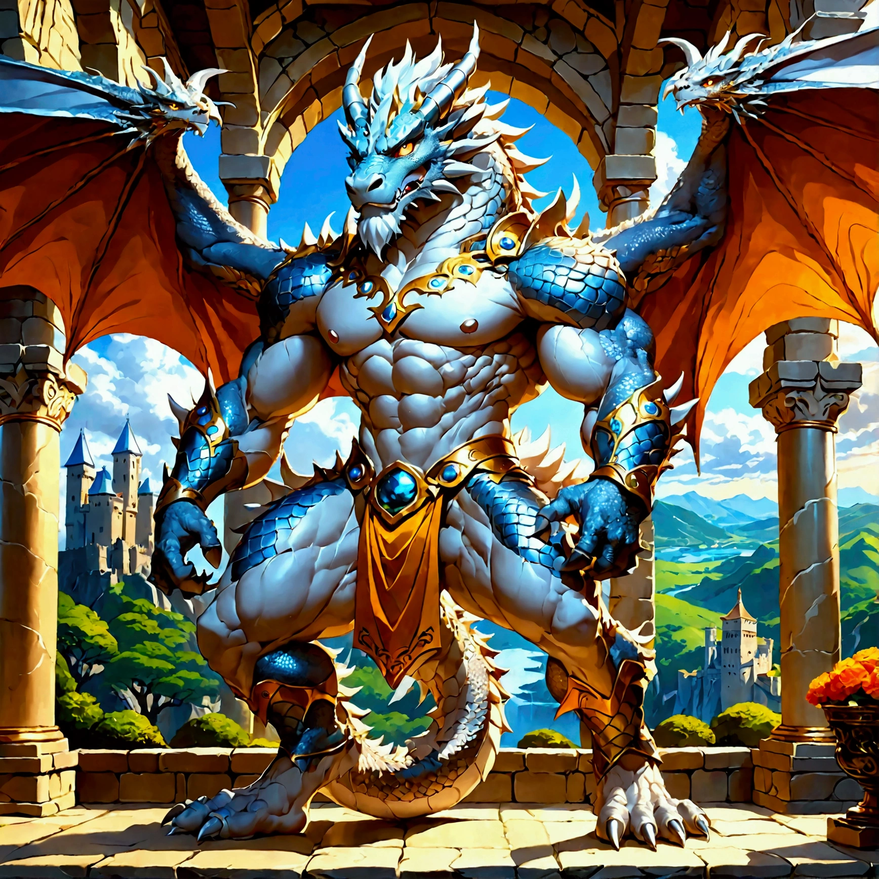 character focus, full body, looking away, dynamic angle, dragon, muscular middle-aged dragon man, silver gray skin, dragon wings, dragon muzzle, dragon face, complete anatomy, perfect proportions, beautiful thigh gap, fluffy body, intricate fur details, beautiful fur texture, BREAK (a detailed dragon one tail), detailed toe, 5toes, 5toes nails, detailed dragon foot, BREAK detailed hands, 5fingers, 5fingers nails, BREAK aesthetic anime face, insanity detailed face, male face, big face, square jawline, aesthetic anime eyes, detailed brown eyes, detailed brown cornea, detailed dark brown irises, detailed pupils, male eyes, big eyes, male eyebrows, innocent look, beautiful beard, BREAK costume clothes, armor, loincloth, perfect composition, fighting, quantum electromagnetic life form force, dynamc pose, BREAK full body in Michelangelo Buonarroti style, housamo style, digital illustration anime, detailed painting landscape, kaleidoscopic swirls, old castle, indoor, full color HDR, BREAK masterpiece, official art, best quality, very aesthetic, absurdres, super fine illustration, great quality, BREAK noise reduction, very highres, large filesize, high quality, 32K, 8k wallpaper, dynamic lighting, BREAK insanity detailed, ultra detailed, intricate details, extremely detailed, detailed texture, an extremely delicate and beautiful, BREAK e621 illustration, osukemo, kemohomo, anthropomorphic, furry, cartoon, harmonious body, pastoral face, virtuous eyes, epic atmosphere