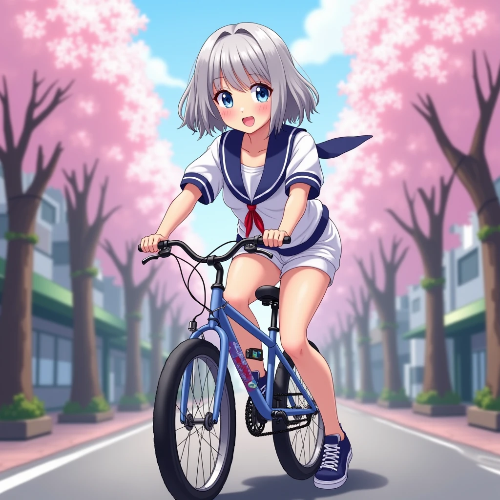  female middle school student。 the cutest in the world 。I'm riding an off-road bicycle。Northern European features。Bewitching Smile。With a delicate figure、 flat chest。Shining silver hair 。The bangs are neatly trimmed。 bob cut to shoulder length。 eyes are large almond-shaped and 、Blue Eyes。Wear Japanese student sailor uniforms 、 micro  in a corner of the city 、 colors white and dark royal blue。 can see my white panties。Location、Cherry blossom trees in full bloom。