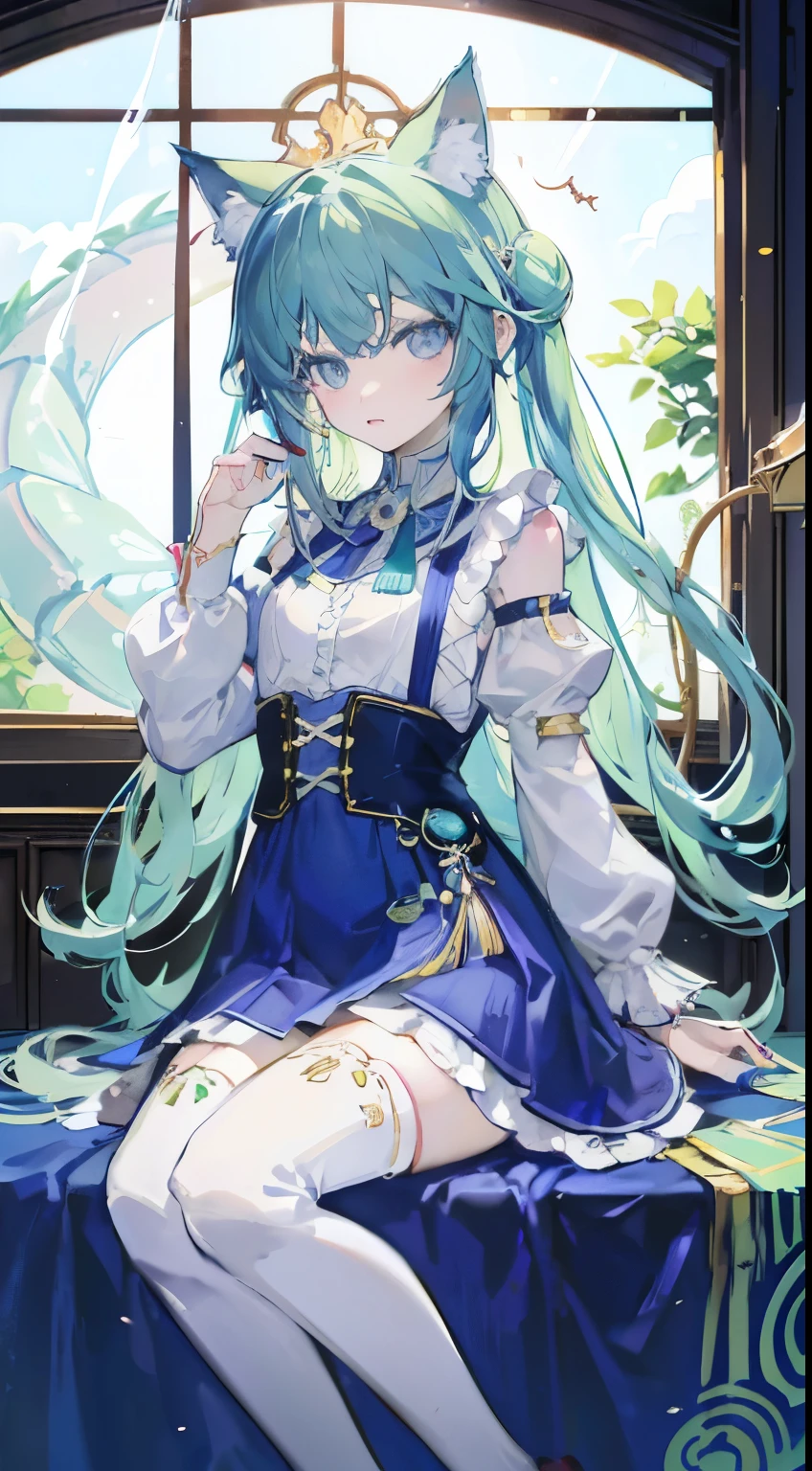 ((desktop, highest quality : 1.1), ((Wearing a blue dress、 anime girl with a magic wand )), Art Nouveau 、Anime Cat Girl wearing a maid costume, , ((Green Hair))、People with long hair、(( artistic style of working with a dragon king , Long eyelashes, and transparency ))、Very Beautiful Anime Cat Girl, アニメCat Girl, (( white knee high socks )), 魅力的なCat Girl, I'I在糖果店,Inspired by Leiko Ikemura, Takano Aya color style, anime girl with a magic wand , Cat Girl, characters you admire , Guang Jiangli、Smile