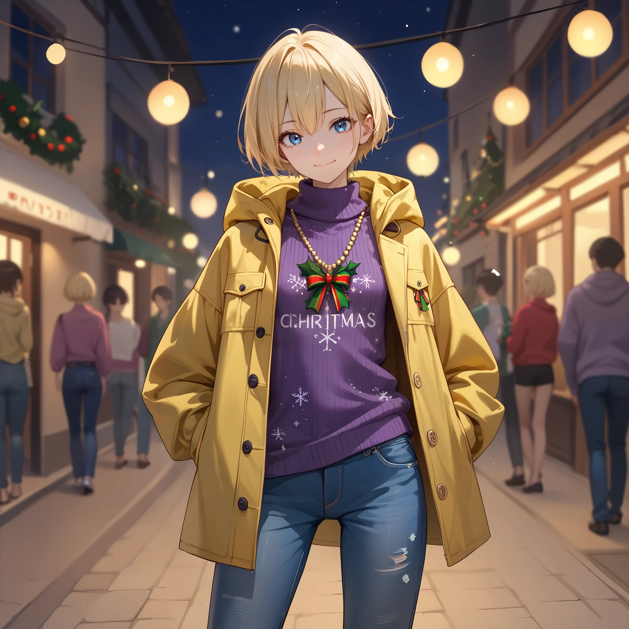 １A woman in her 30s、 very short cut hair 、 Christmas、night、Port cities in Italy、 blue eyes、Blonde、closed-mouth smile、( small breasts)、 Slim Body 、 yellow hooded half coat、 loose purple knit sweater、no damage jeans