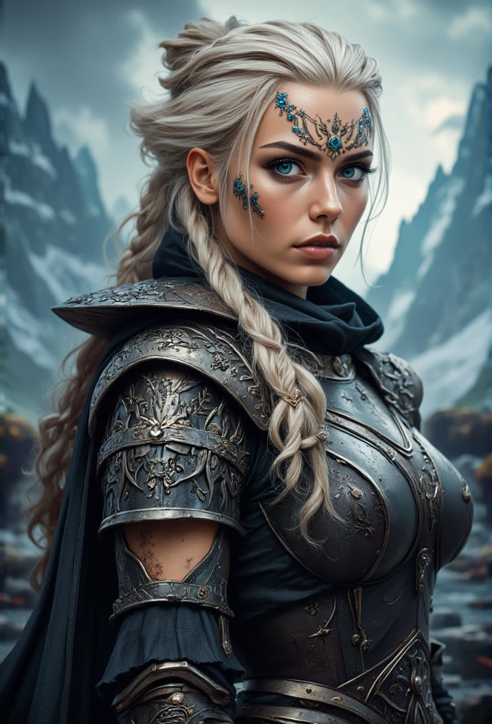 An extremely detailed close-up portrait of a fierce Viking warrior woman standing with her side turned, against a rugged Nordic landscape. She has a strong, intense gaze with striking blue eyes, framed by intricate tribal war paint on her face. Her blonde hair is styled in multiple complex braids with small metal rings and beads woven throughout, adding a rugged, battle-ready look. Her armor is dark leather and metal, heavily adorned with intricate Norse engravings and elaborate patterns. The shoulder plates and forearm guards are more detailed with carvings of wolves, ravens, and intricate knotwork, showcasing Norse mythology. The background features mist-covered mountains and a cloudy sky, enhancing the mystical, fantasy atmosphere. The lighting highlights the realistic depth of the metallic accents and textures on her armor. The overall color palette is earthy and metallic, capturing the cold, raw essence of Viking lore with extreme detail in her armor and hair.