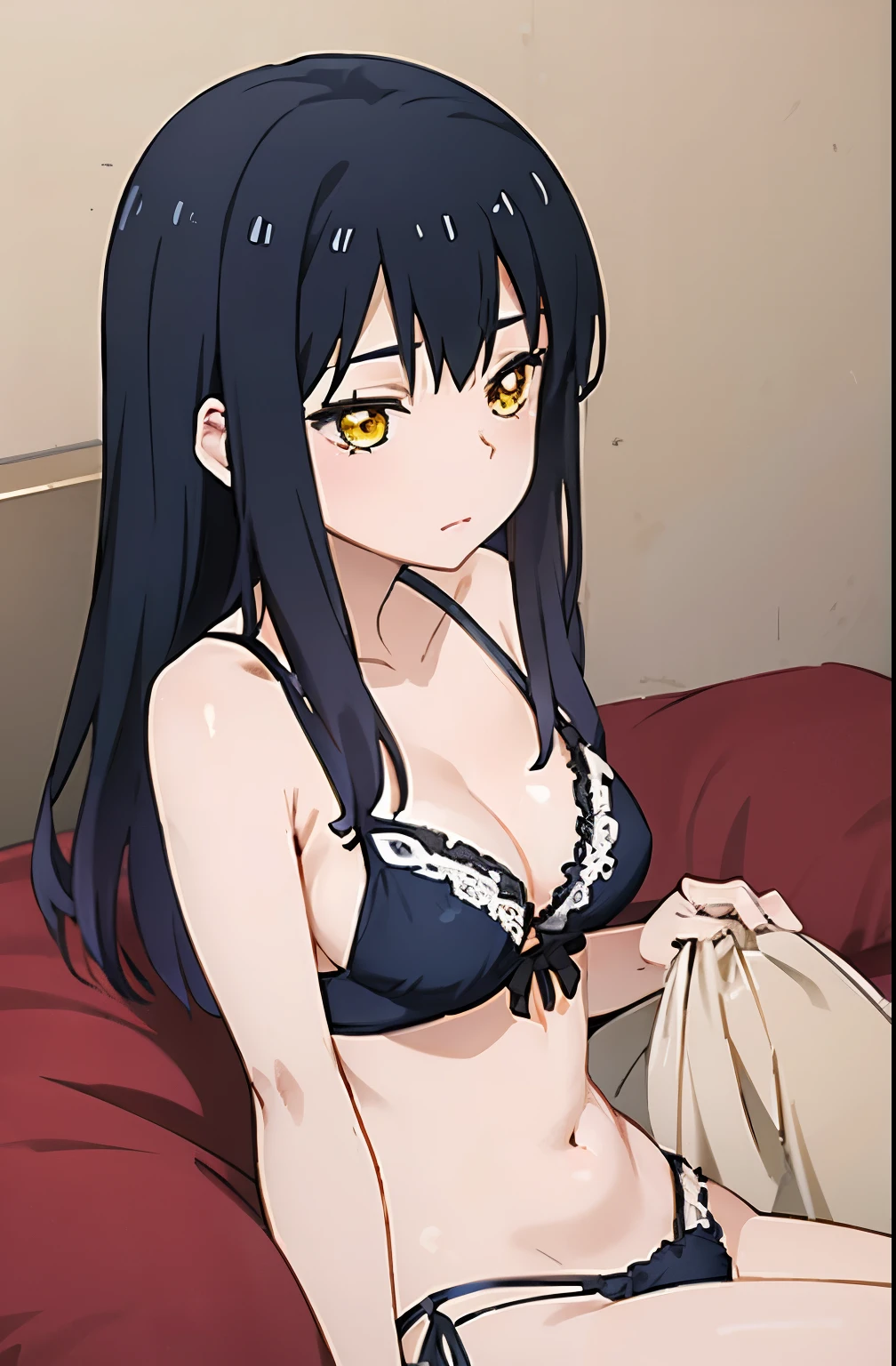 (tmasterpiece、quality、the detail、超高分辨率、8K、Beautifully detailed lighting、Very beautiful girl、Long black hair,Coiled hair、female high-school student、Clothed only in bikini、cleavage display、There's a big sausage in her cleavage,sweat profusely、1 girl in、eBlue eyes、Sleeping on the Bed、Red blush、embarrassed from、((horrified expression))、bareless、compulsive、Loved it very much、Sexual facial expressions seen from above、Perfectly trimmed fingers,don't have clothes,spread your legs,There is a lot of water in the bottom of the bikini,Roll your eyes upwards,Stick out your tongue,Full body photo,slender thighs,Spread your legs,drools,messy hair,half-open bikini。Put one hand between your legs,The lines between the legs are real。There are tears in the corners of the eyes,There are swirling lines inside the eyes,Tsundere,body up and down,Hand repair